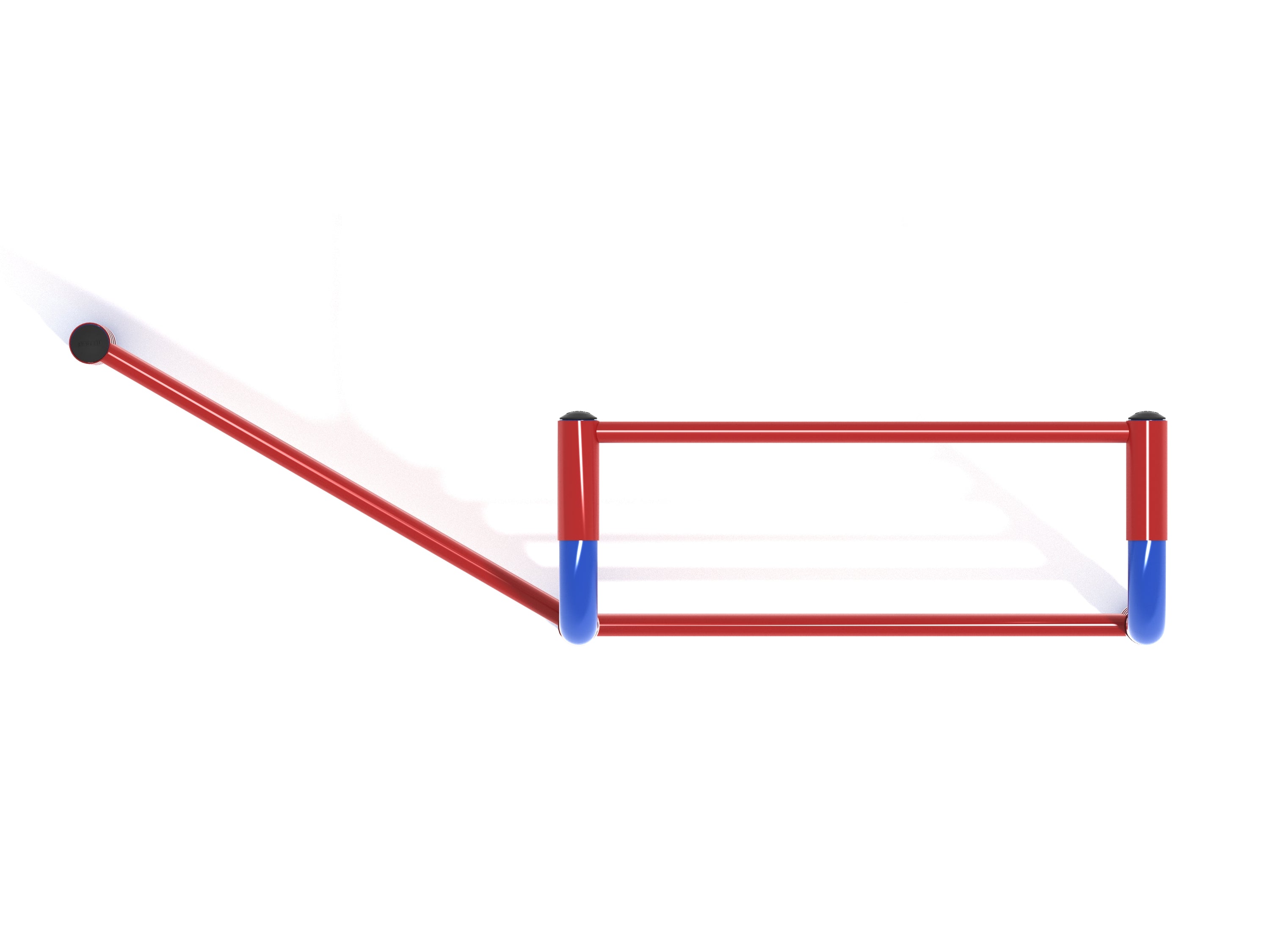 Overhead view of a red and blue dual-sided climbing ladder with nine rungs and a pull-up bar for playground fitness