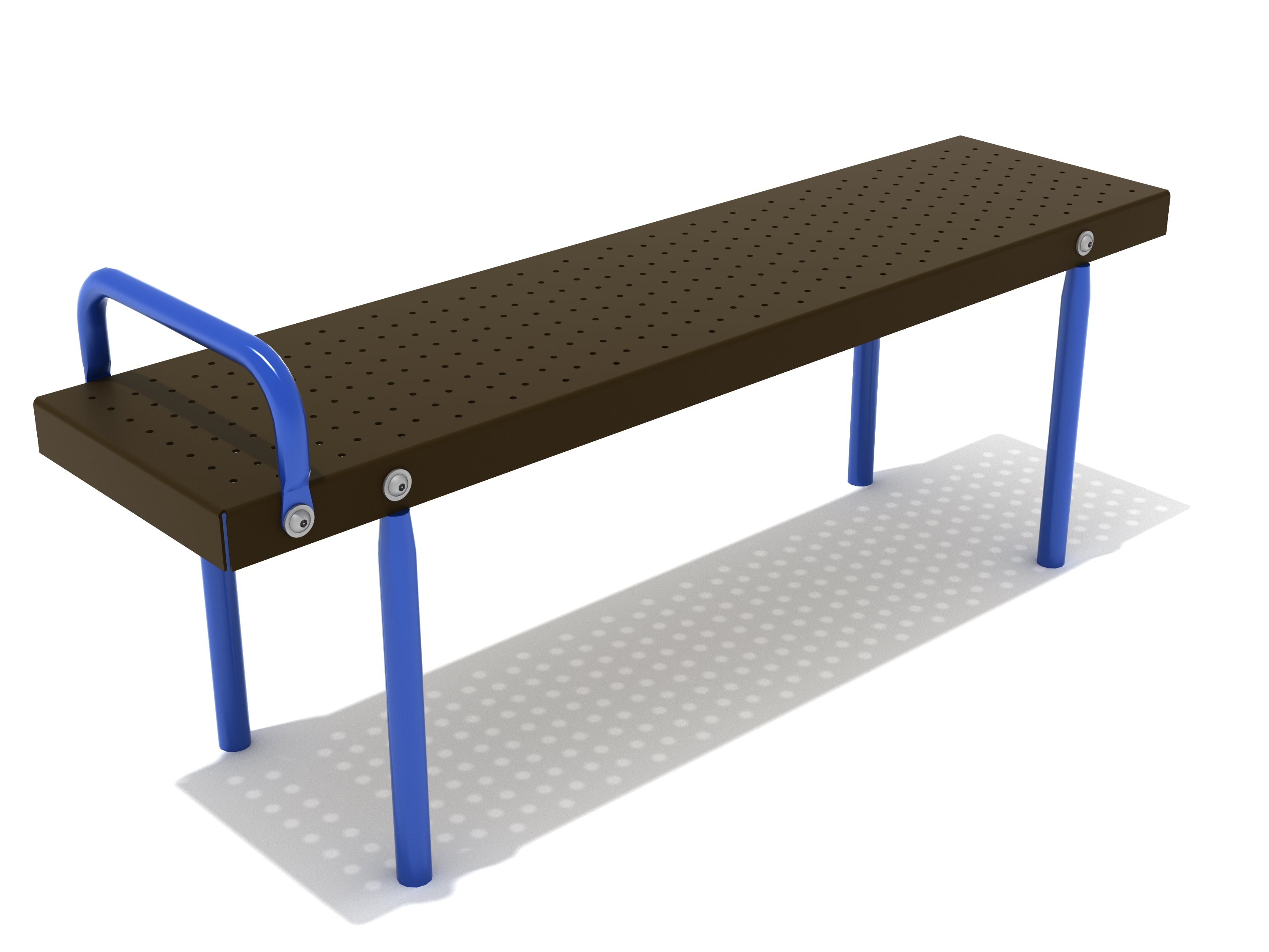Outdoor fitness bench with brown perforated steel surface, blue steel legs, and blue foothold bar for core exercises