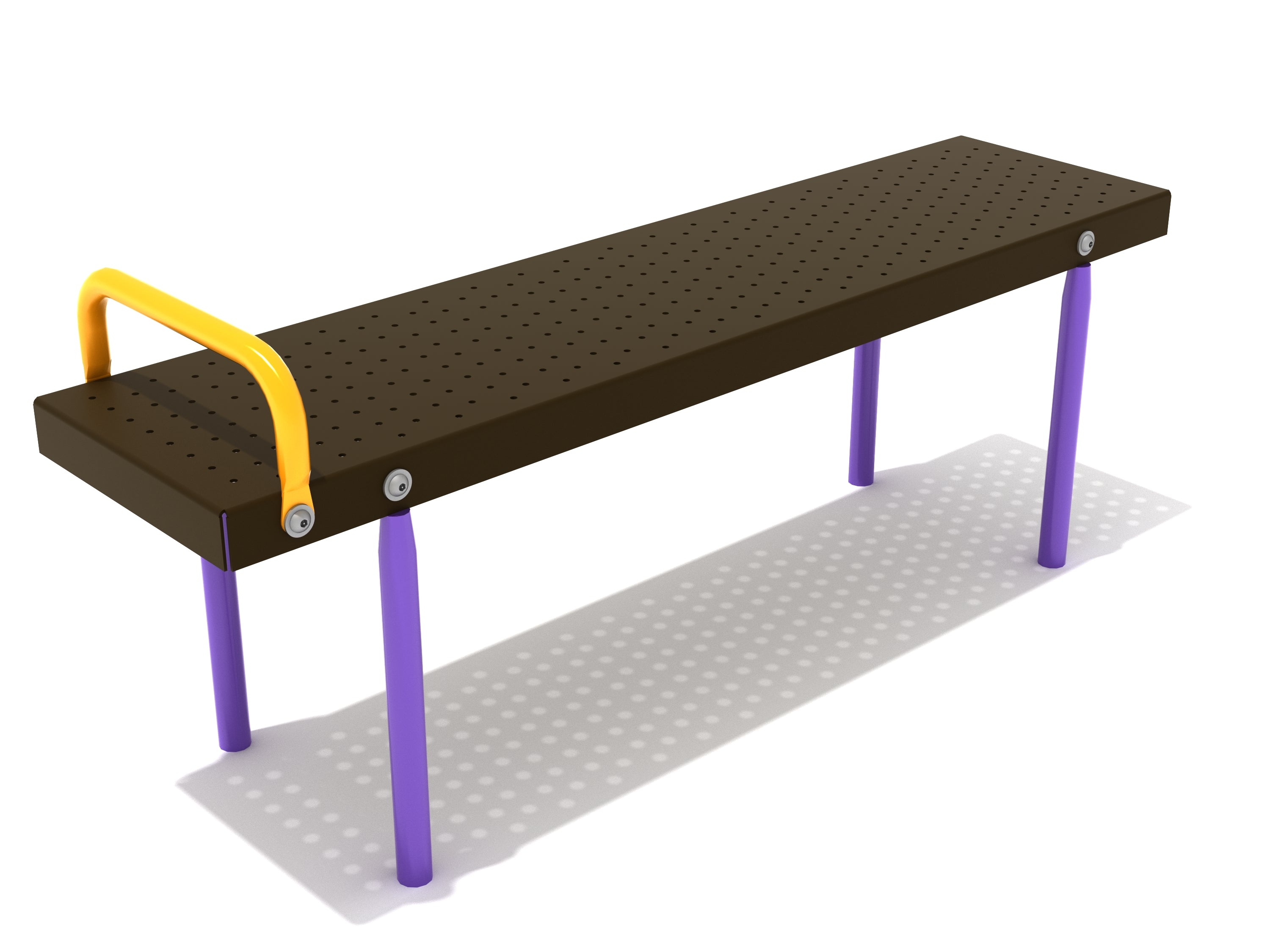 Outdoor fitness bench with perforated brown platform, yellow foothold, and purple legs for core exercises and stability