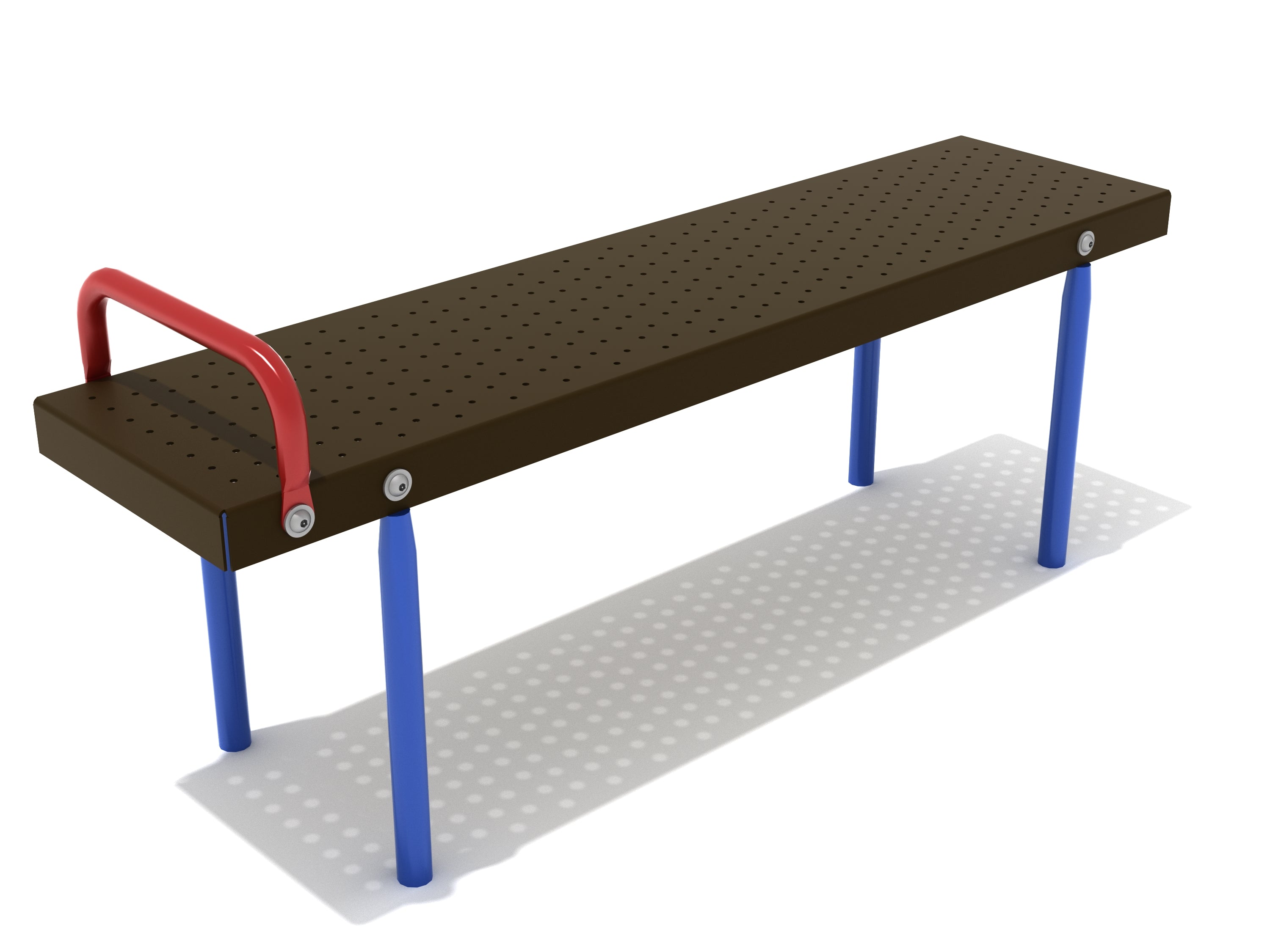 Straight Sit Up Bench with brown perforated steel surface, blue legs, and red foothold for playground fitness and core strength exercises