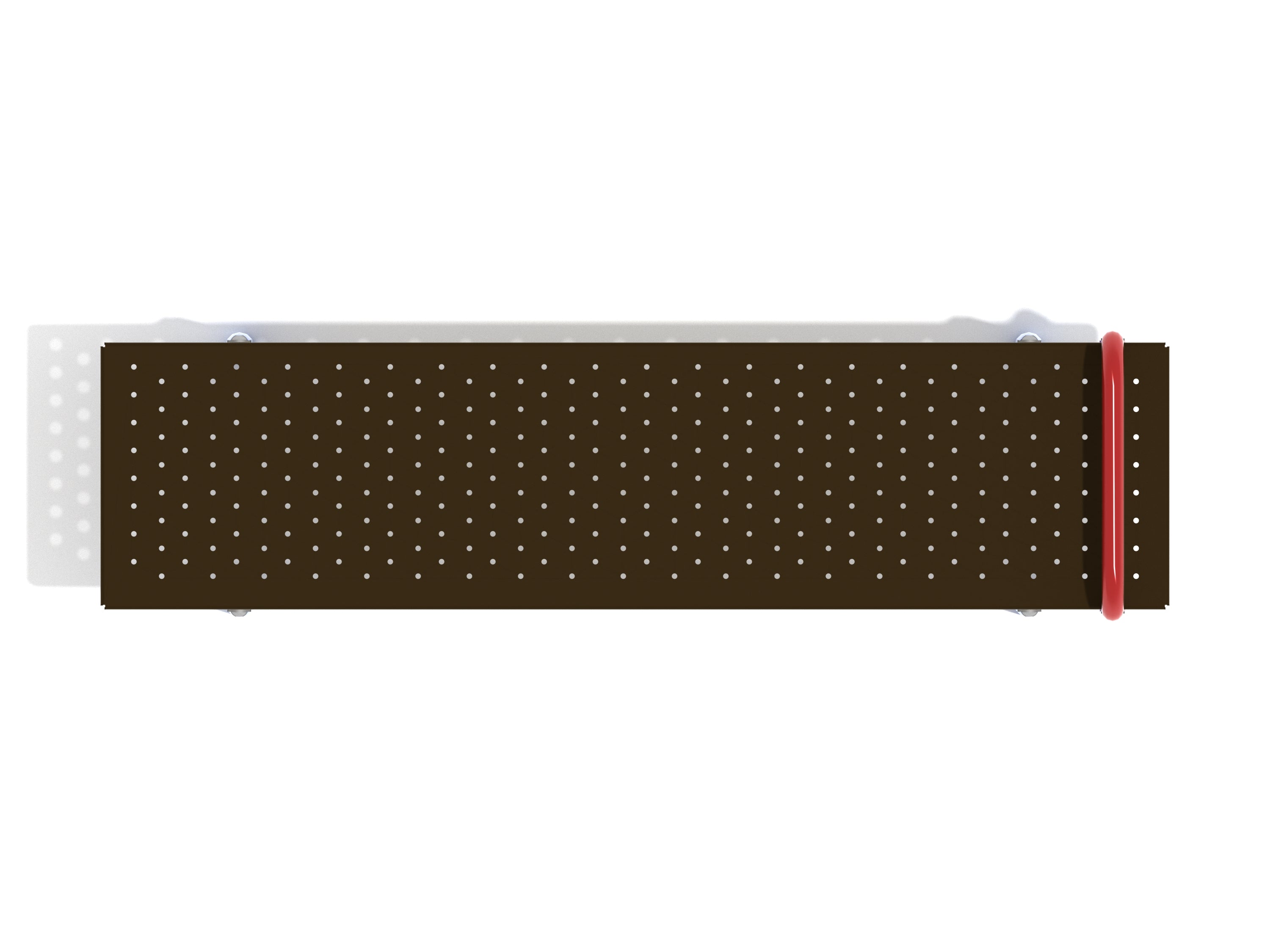Overhead view of brown steel straight sit-up bench with red foothold bar and perforated surface for outdoor fitness