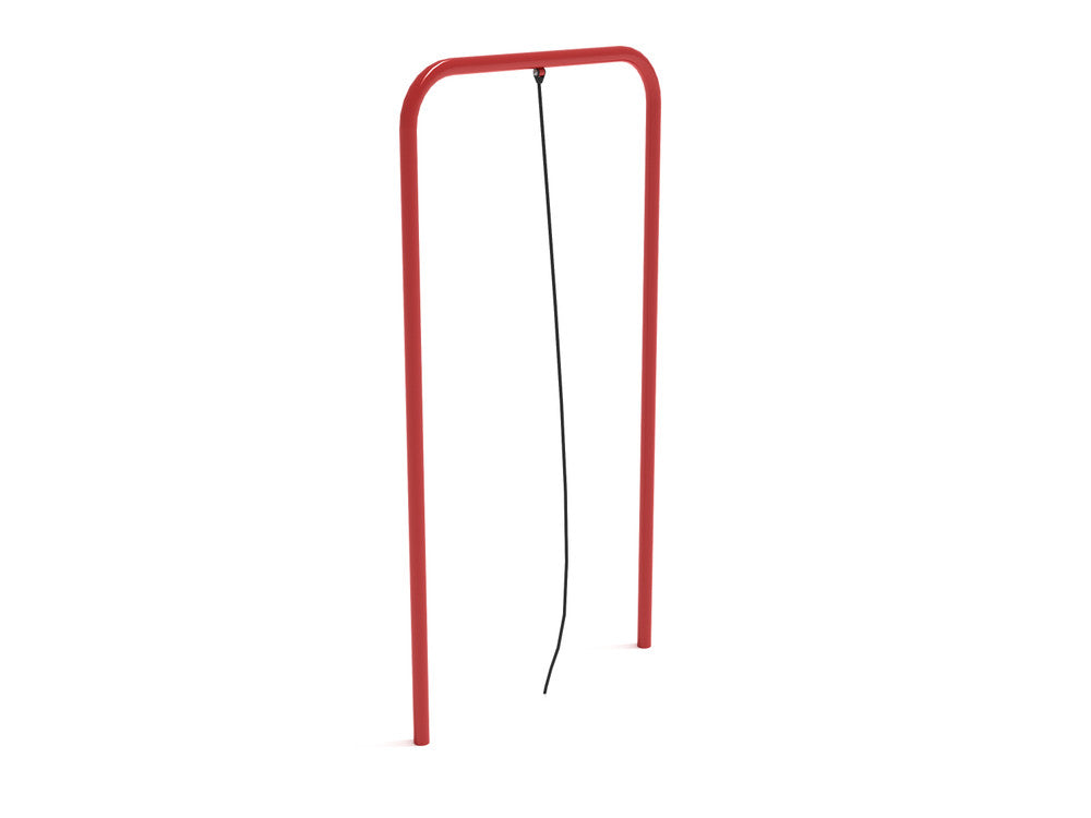 Single Rope Climber with red metal frame and black climbing rope for playground fitness and obstacle courses