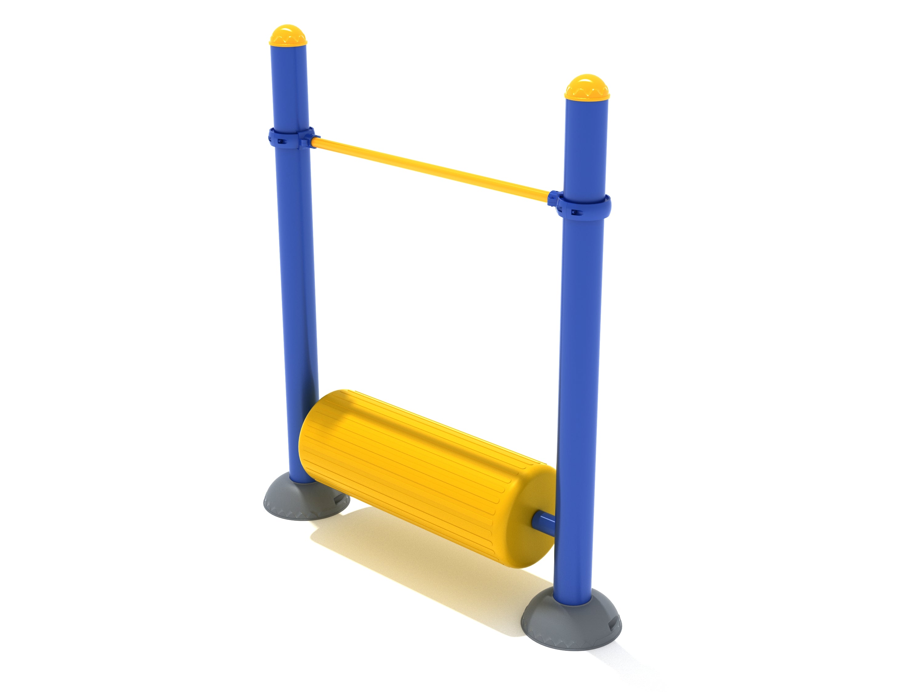 Playground fitness equipment with blue vertical posts, yellow rolling log, and overhead steel support bar for balance and coordination.