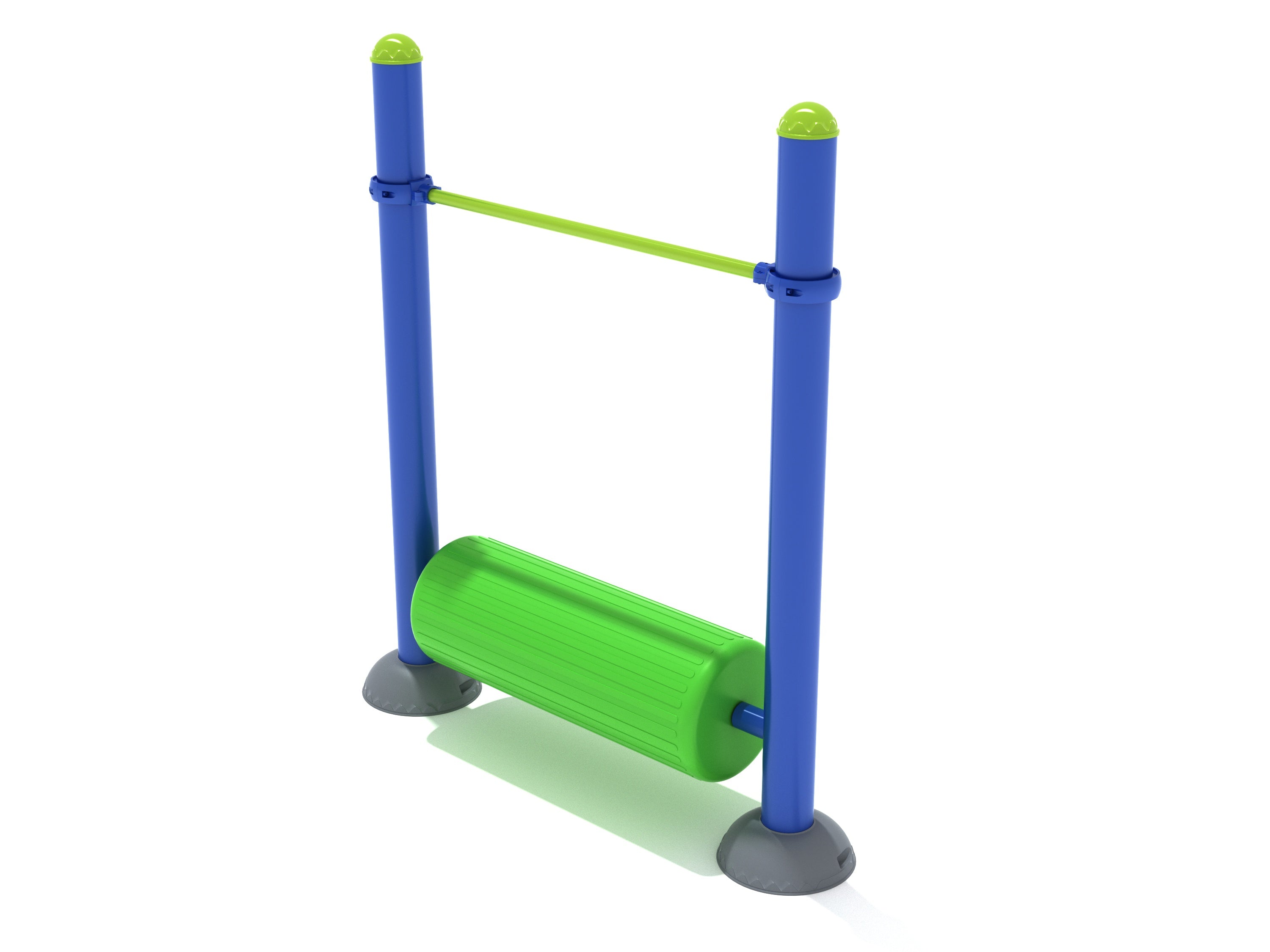 Playground fitness equipment with blue vertical posts, green rolling log, and overhead steel support bar for balance and coordination