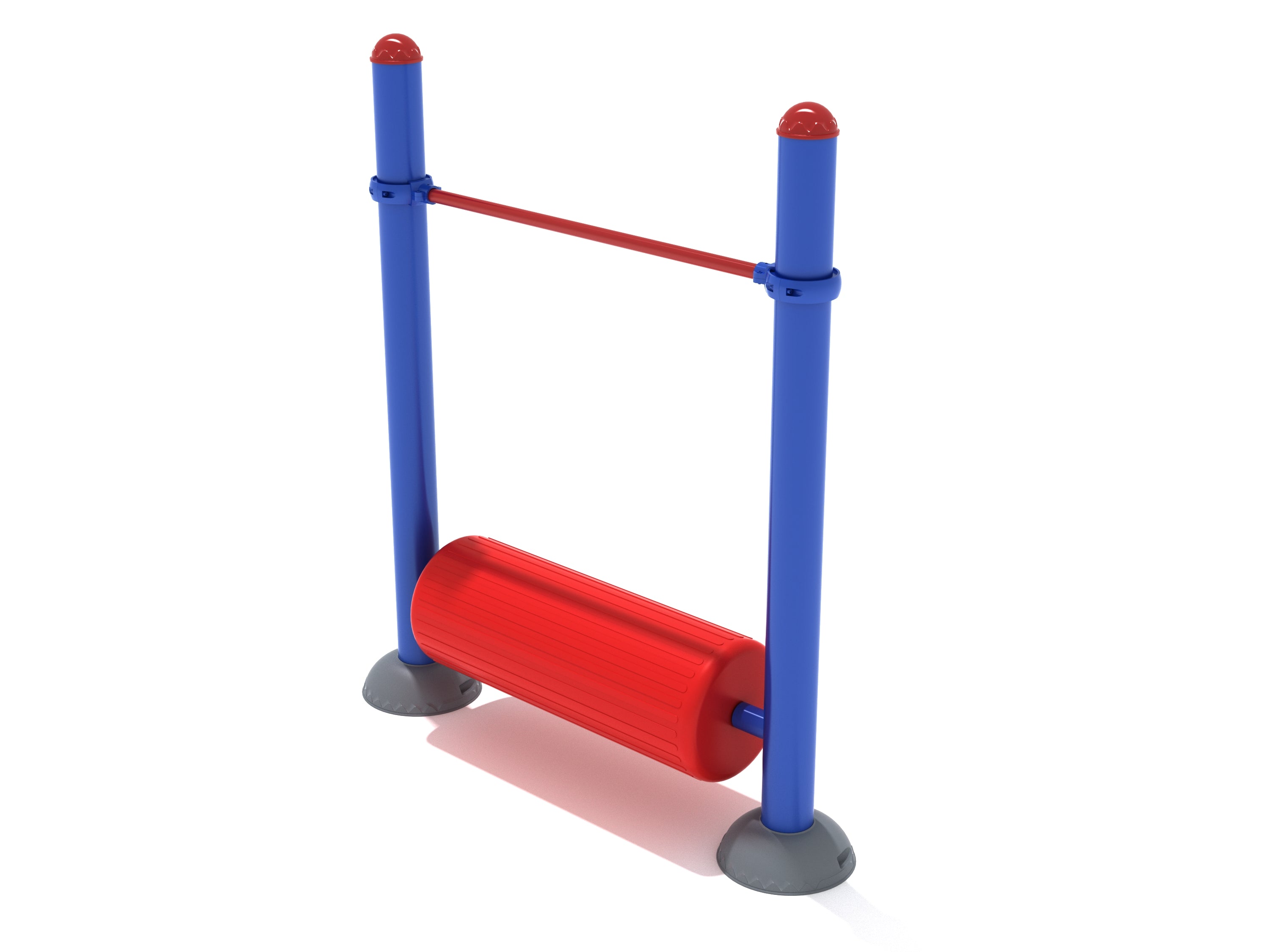 Log RollPlayground Fitness equipment with blue vertical posts, red rolling log, and overhead steel support bar for balance and coordination