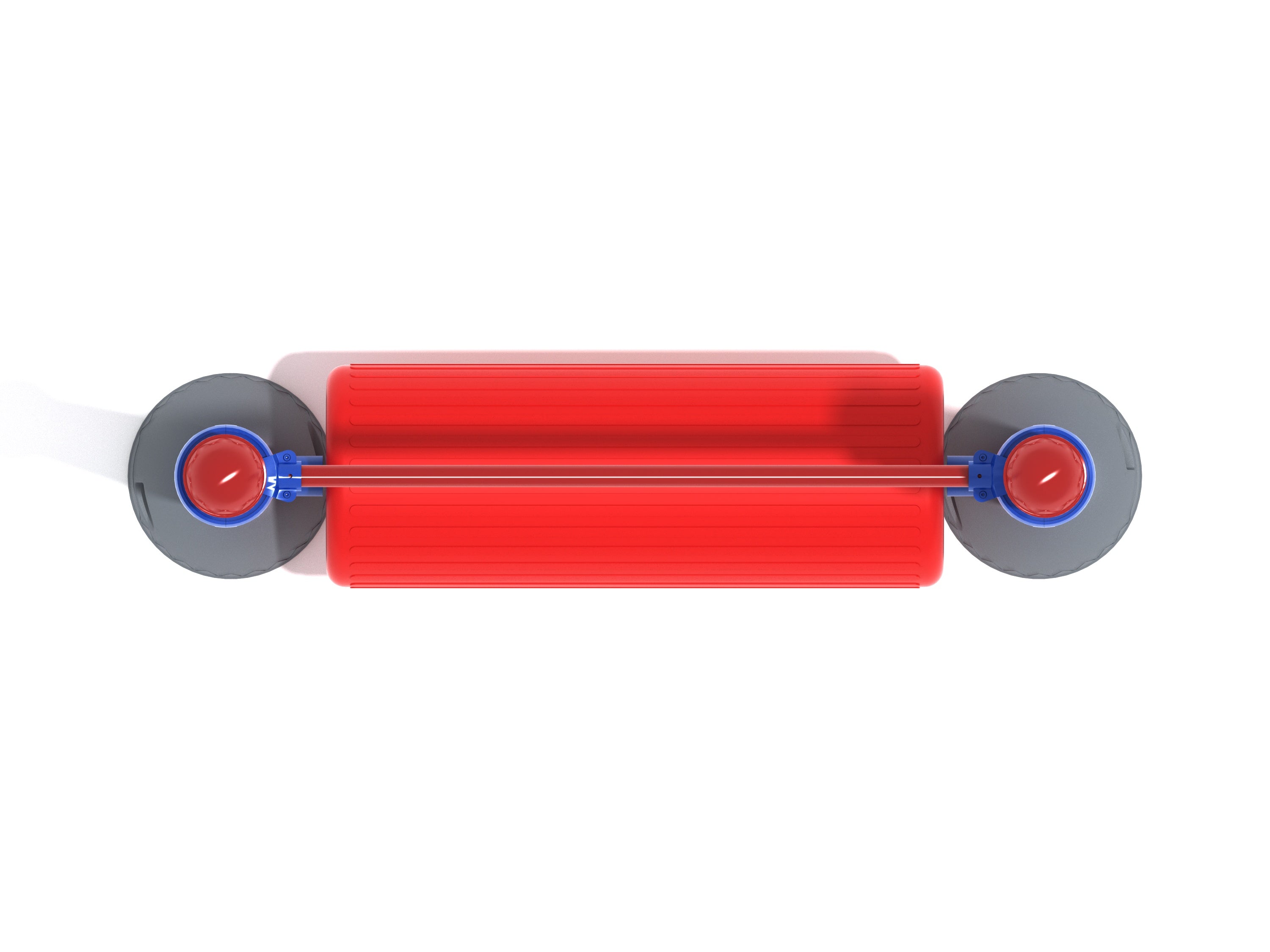 Overhead view of playground balance log with red rolling platform, blue supports, and black circular bases
