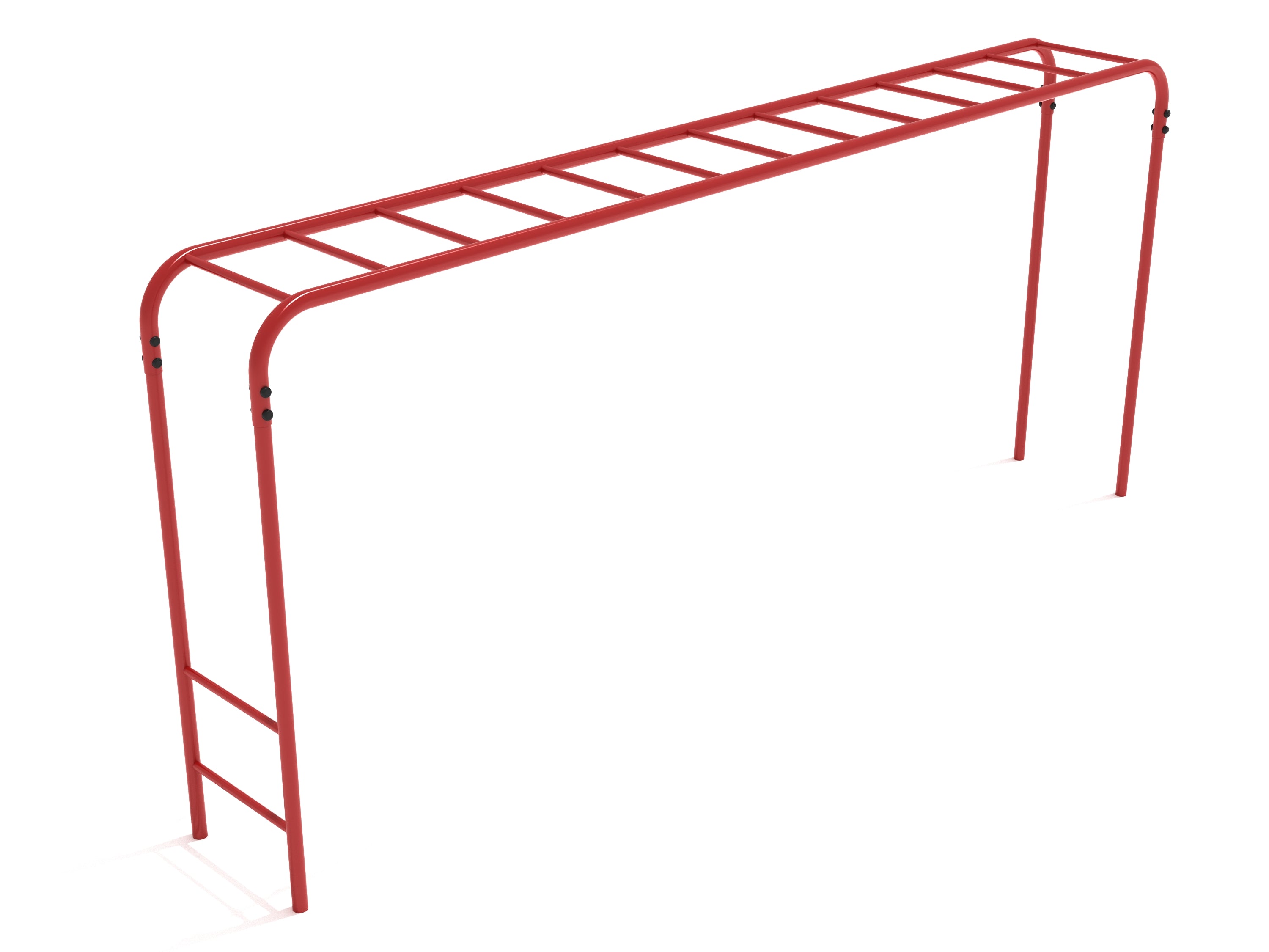 Red steel overhead climbing ladder with multiple rungs, playground fitness equipment for children, shown from an angled view.