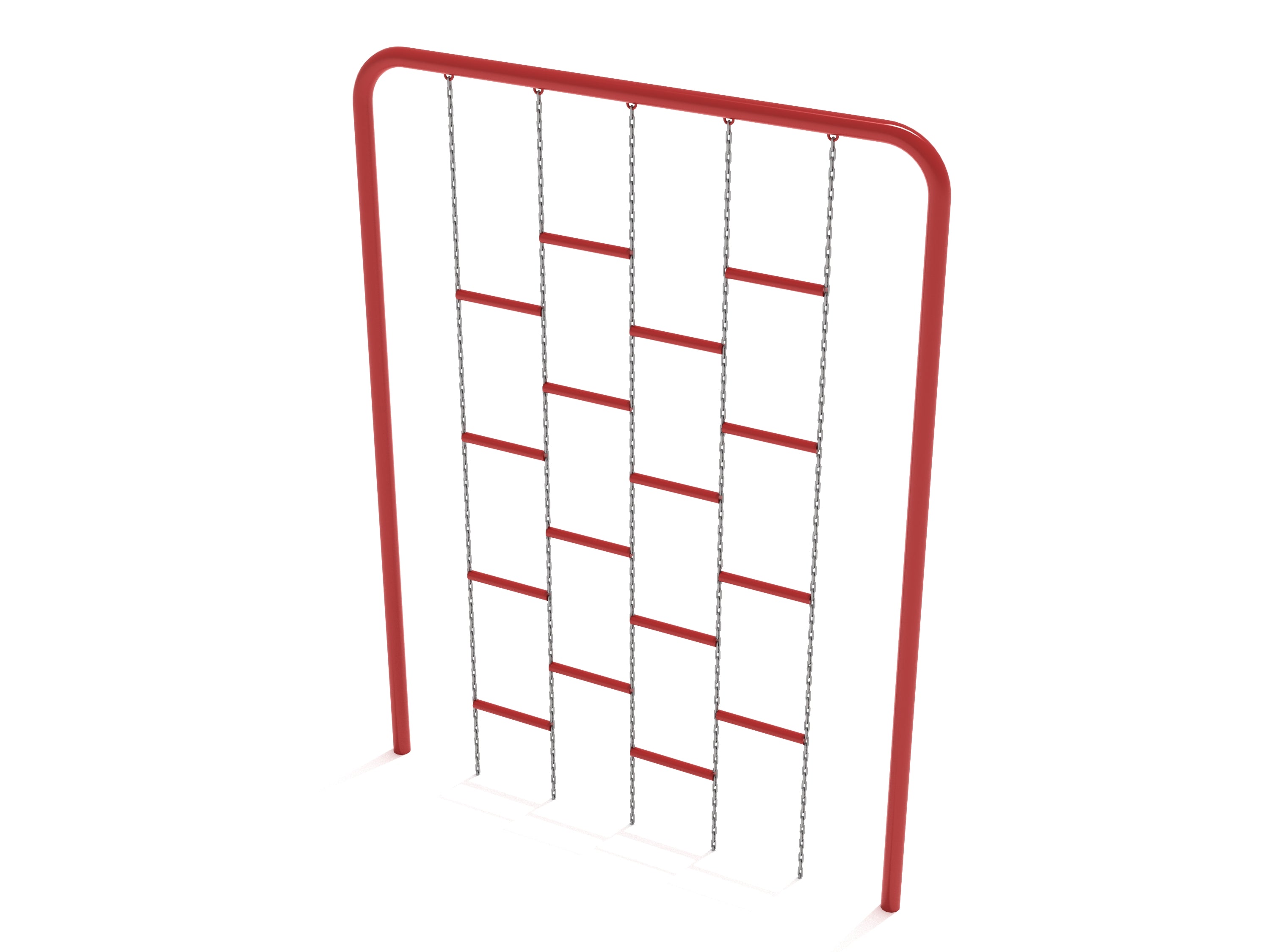 Red chain ladder climber with metal rungs suspended by chains in a freestanding playground frame for strength and coordination