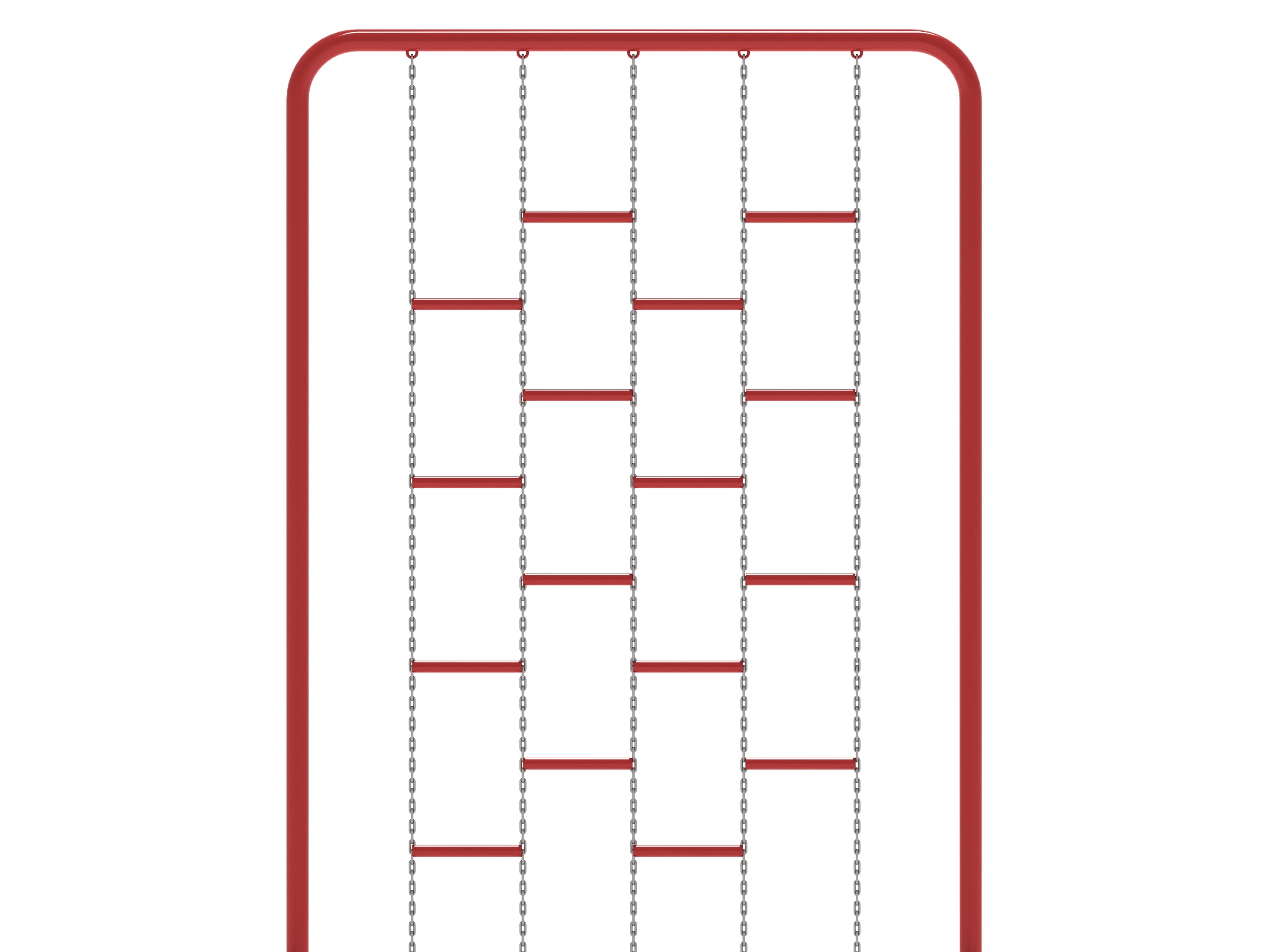 Red chain ladder climber with linked metal rungs and chains for playground strength and coordination play