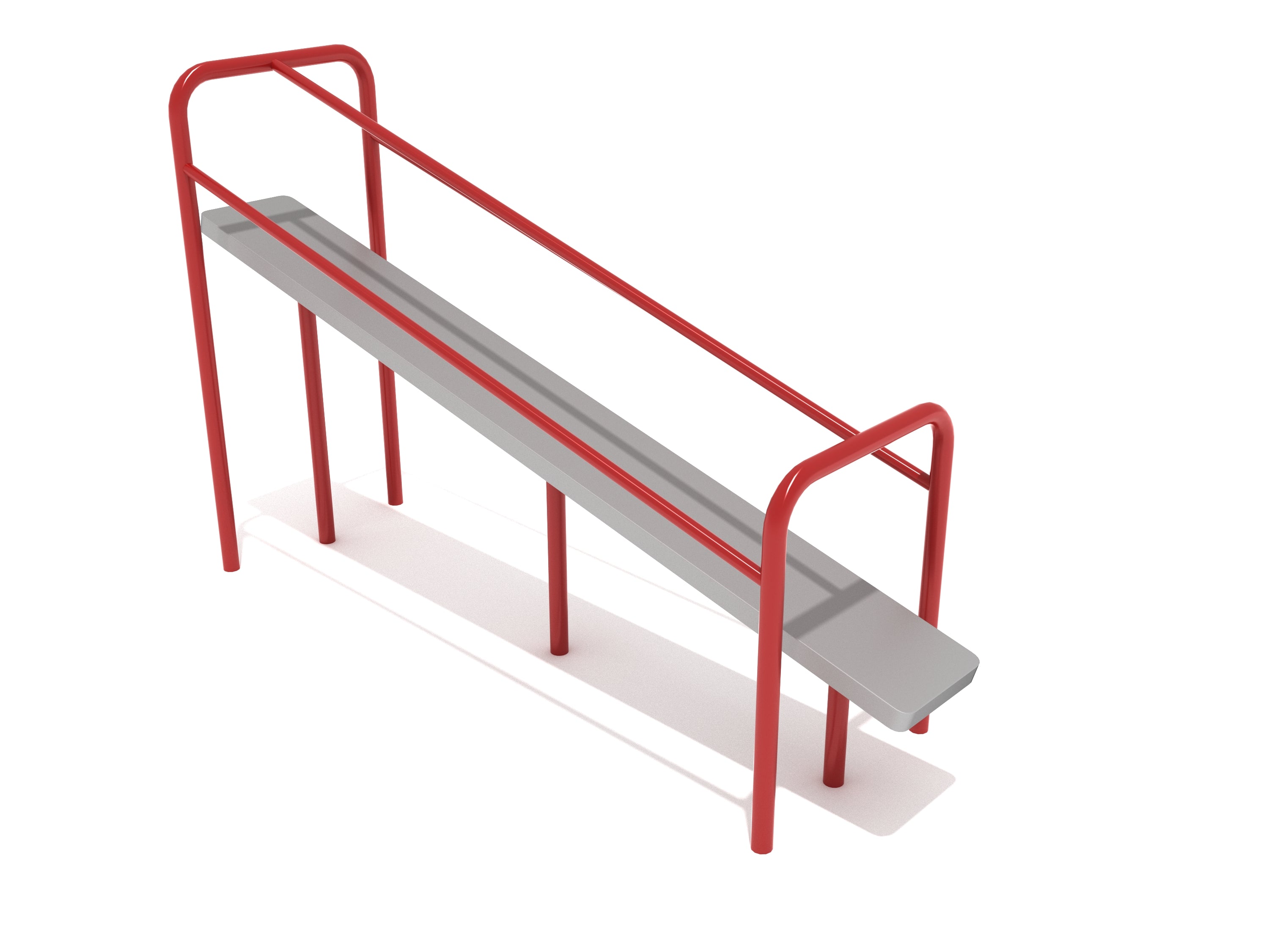 Angled outdoor fitness equipment with red steel frame and gray aluminum pull slider board for upper-body strength training
