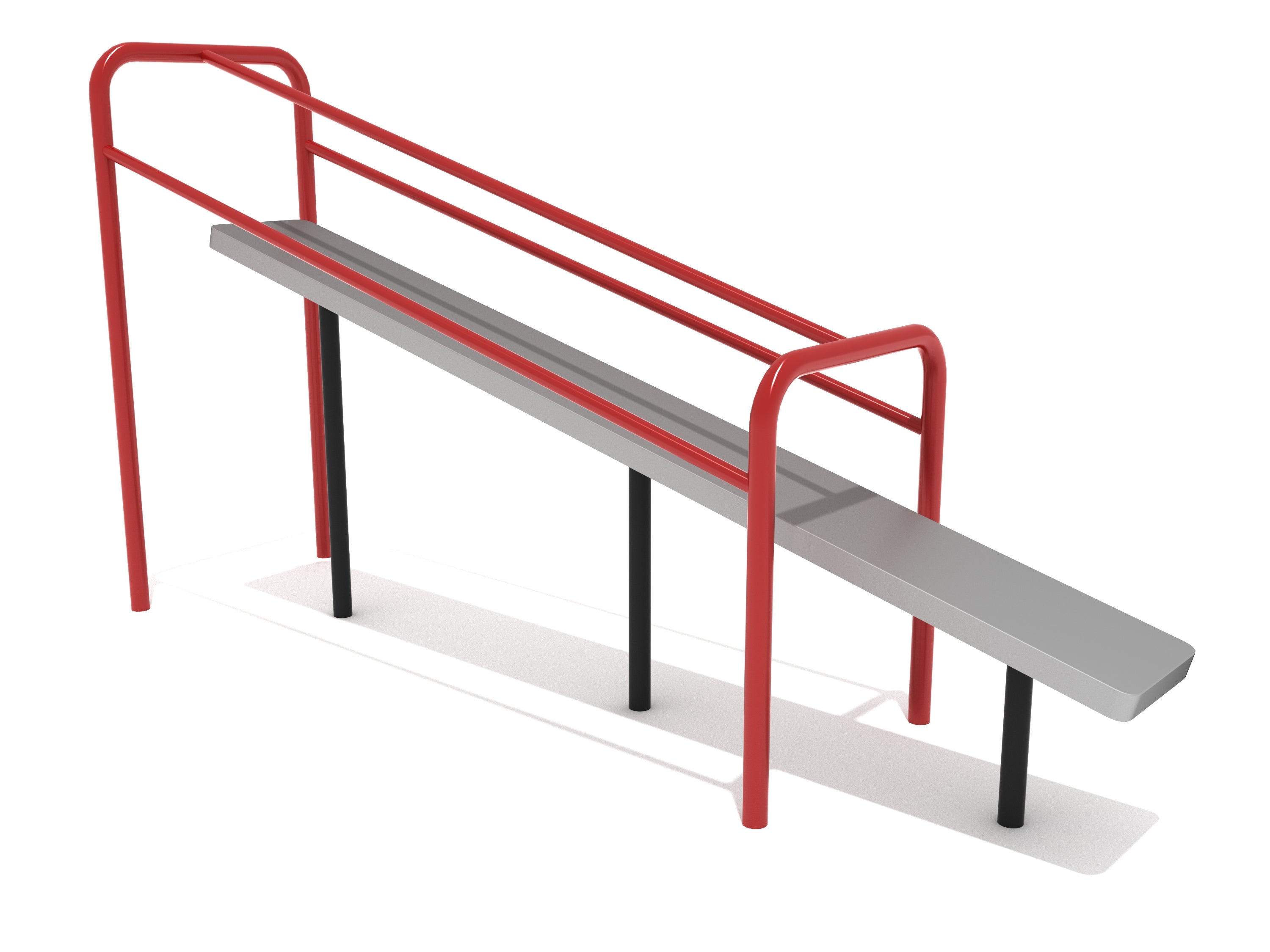 Tilted Pull Slider playground fitness equipment with angled aluminum board and red steel bars for upper-body strength training