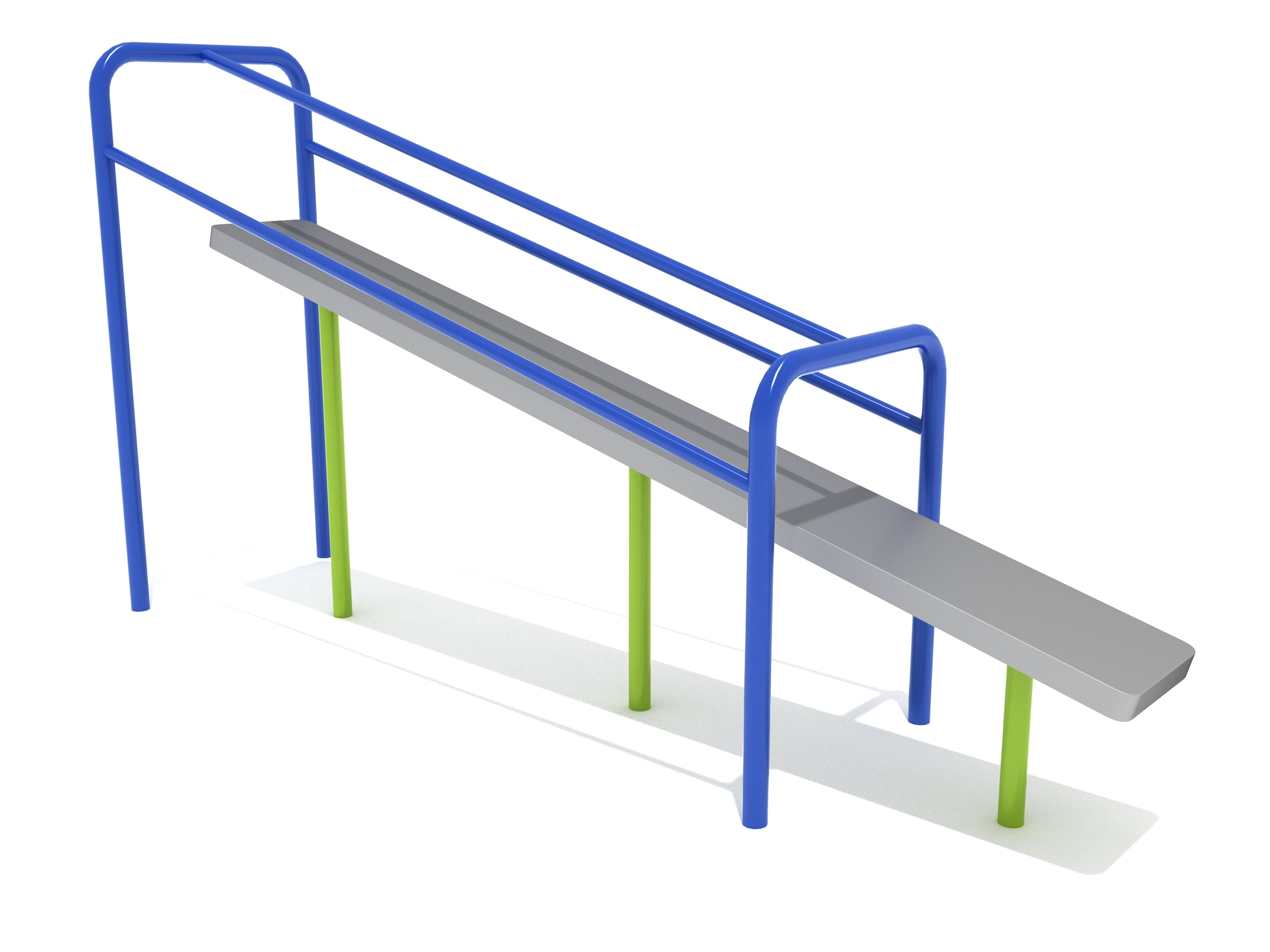 Outdoor kids' fitness equipment with angled aluminum pull slider, blue steel bars, and green support posts