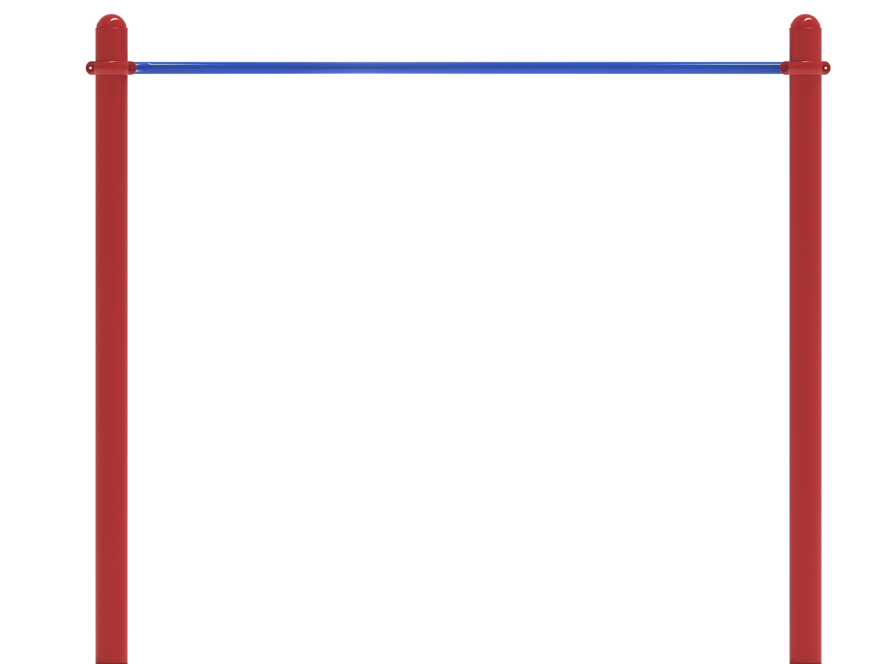 Playground fitness climbing structure with two red vertical posts and a blue wavy overhead bar for swinging and scaling