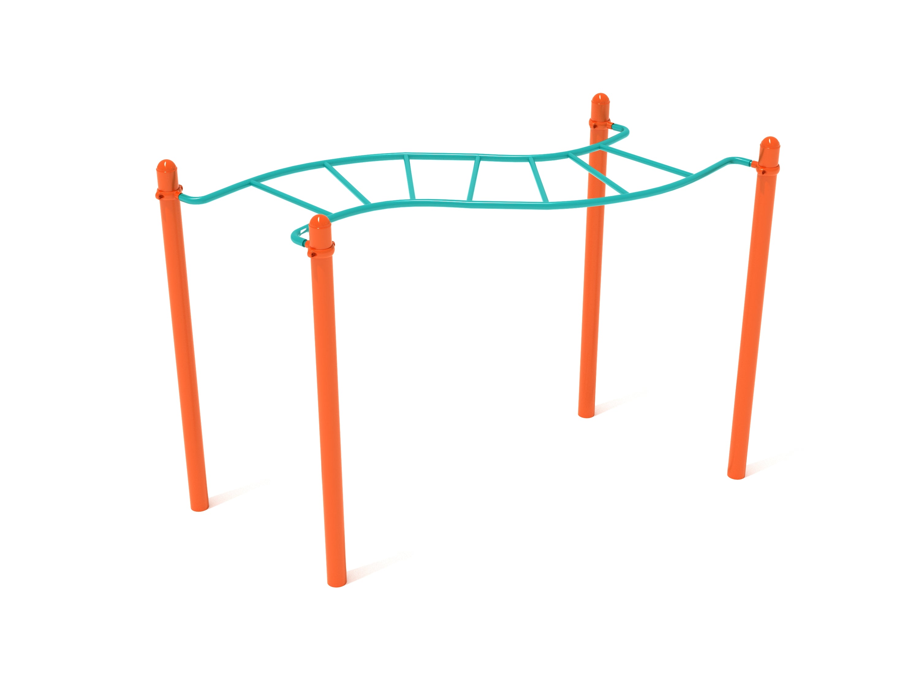 Wavy turquoise climbing ladder with four bright orange metal posts for playground fitness and coordination development
