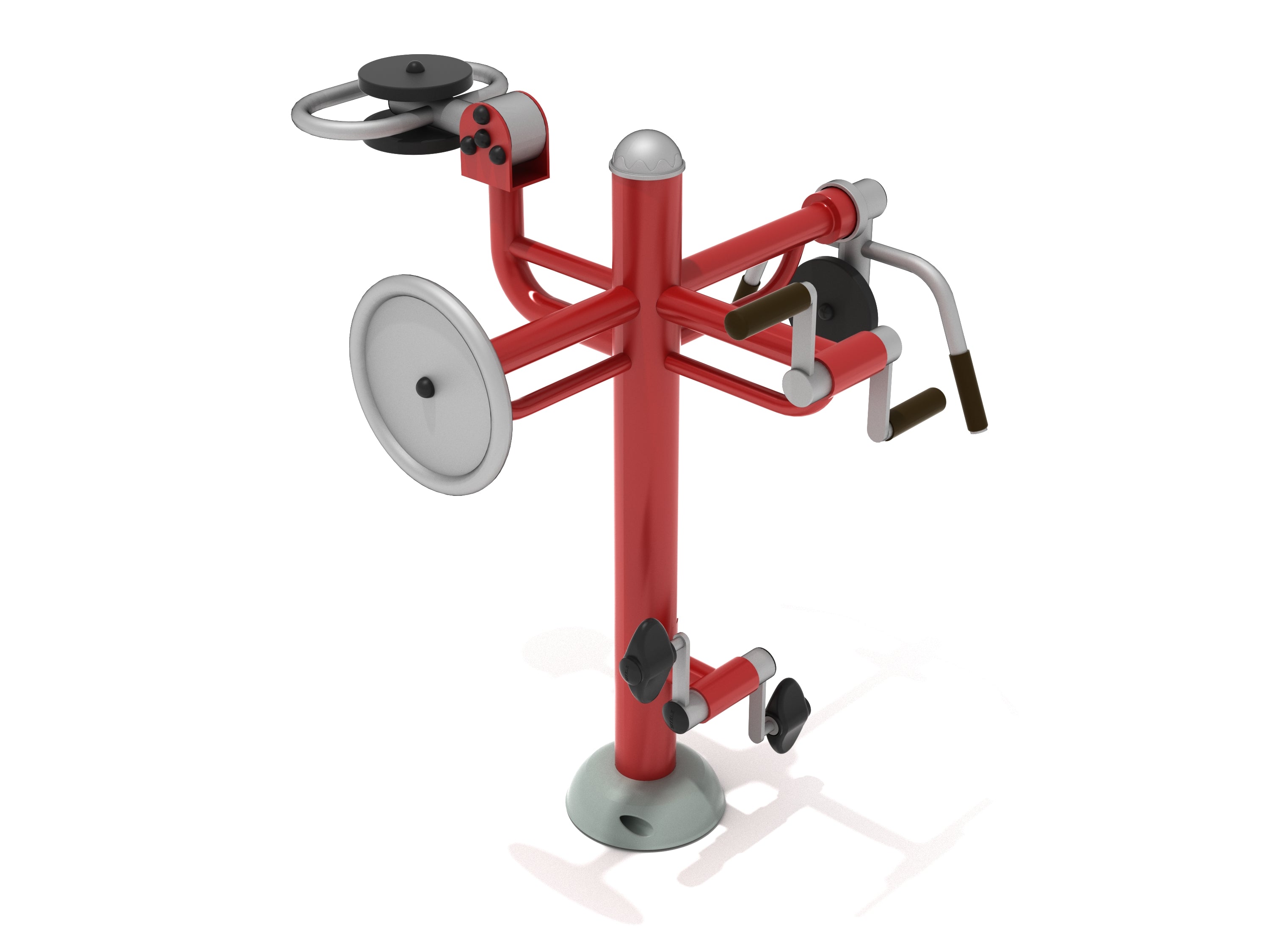 Red and silver accessible outdoor gym station with hand rotation, dip bars, pedals, and grip wheel for inclusive full-body workouts