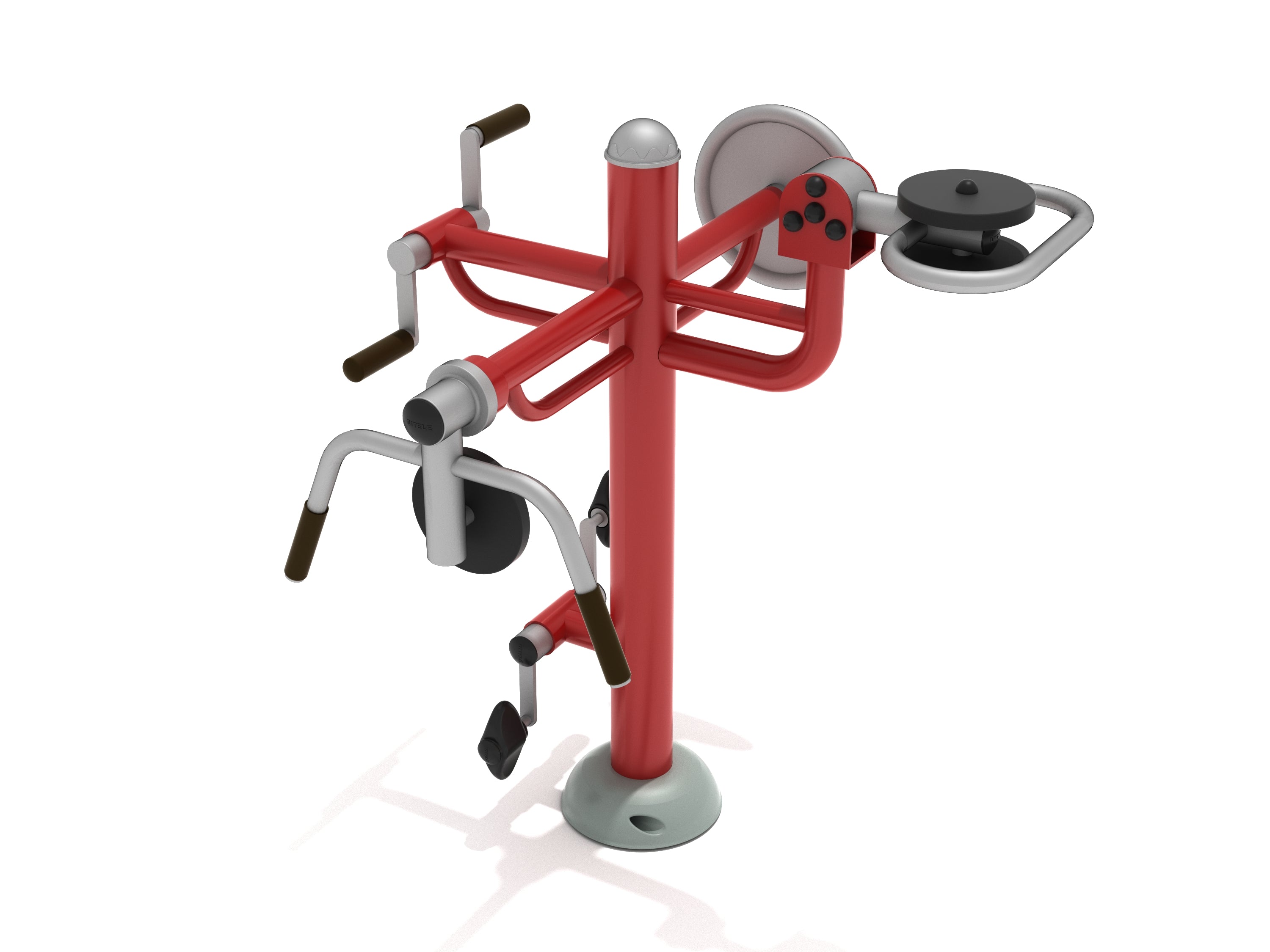 Red and silver accessible outdoor gym station with dip bars, dual pedals, and one-hand rotation handles for inclusive full-body workouts.