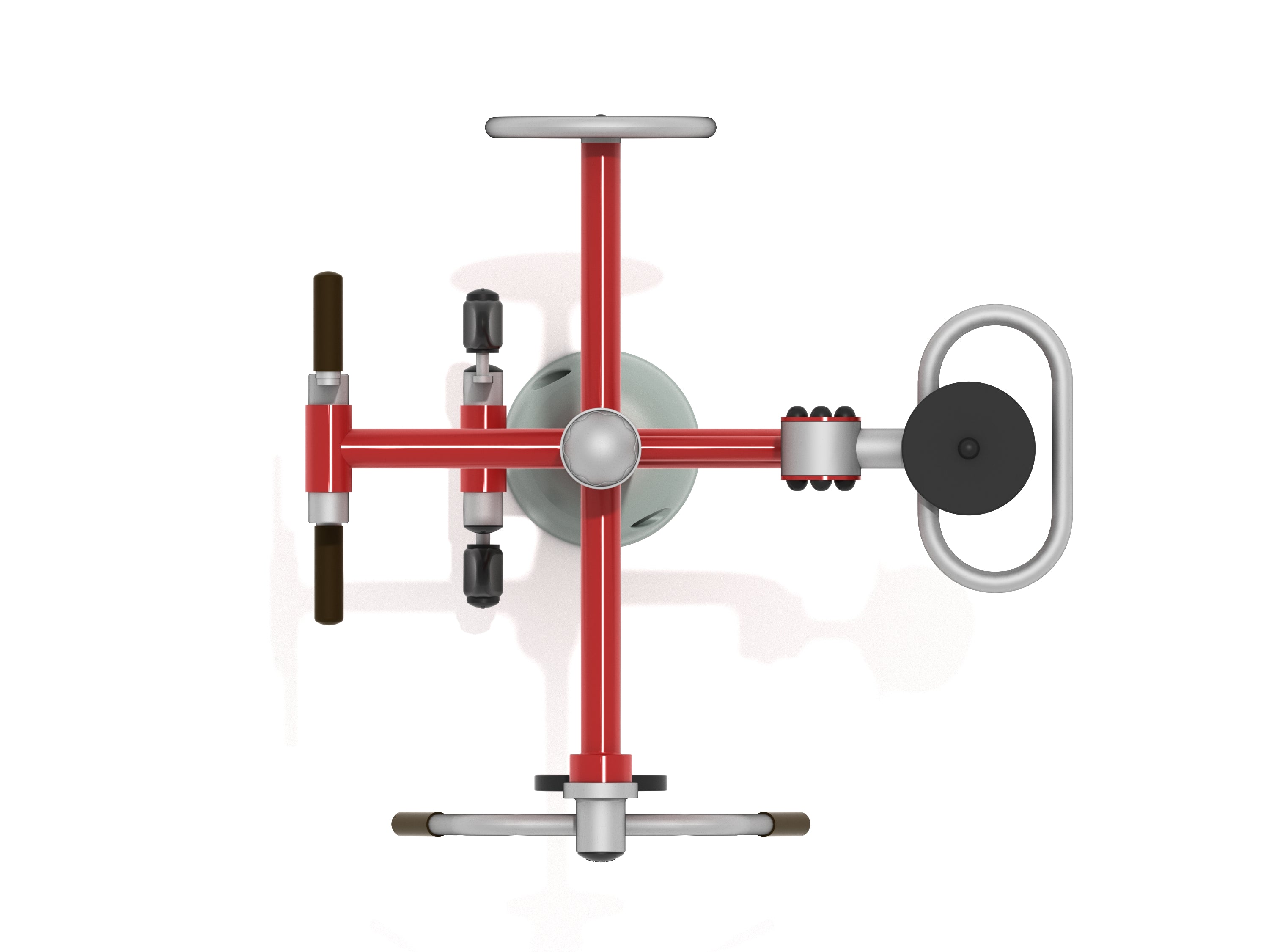 Overhead view of accessible outdoor gym station with red frame, dip bars, dual bicycle pedals, and hand rotation wheel