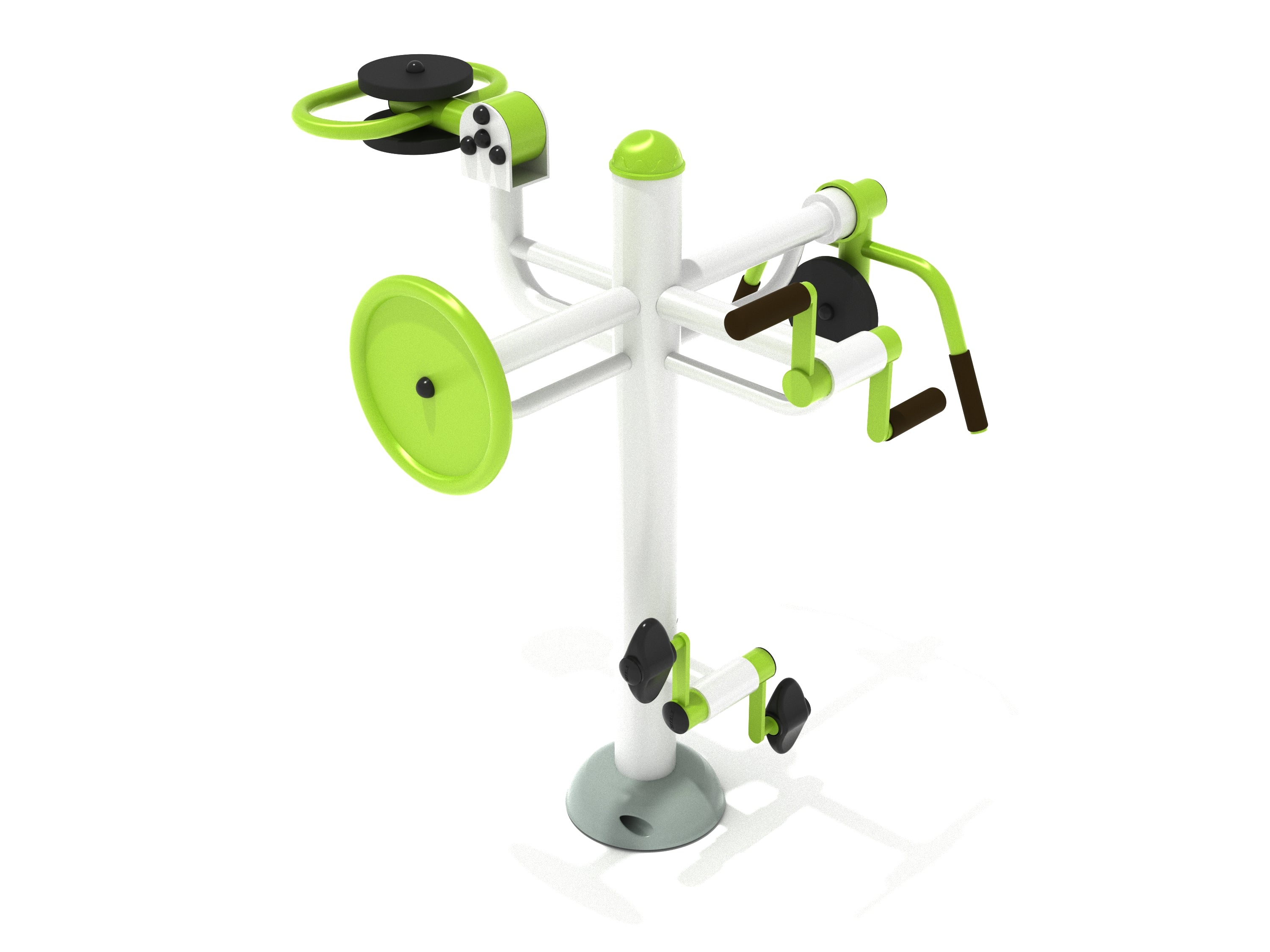 Accessible Quadruple Gym Station with four green and white exercise machines including dip station, bicycle pedals, and one-hand rotation device