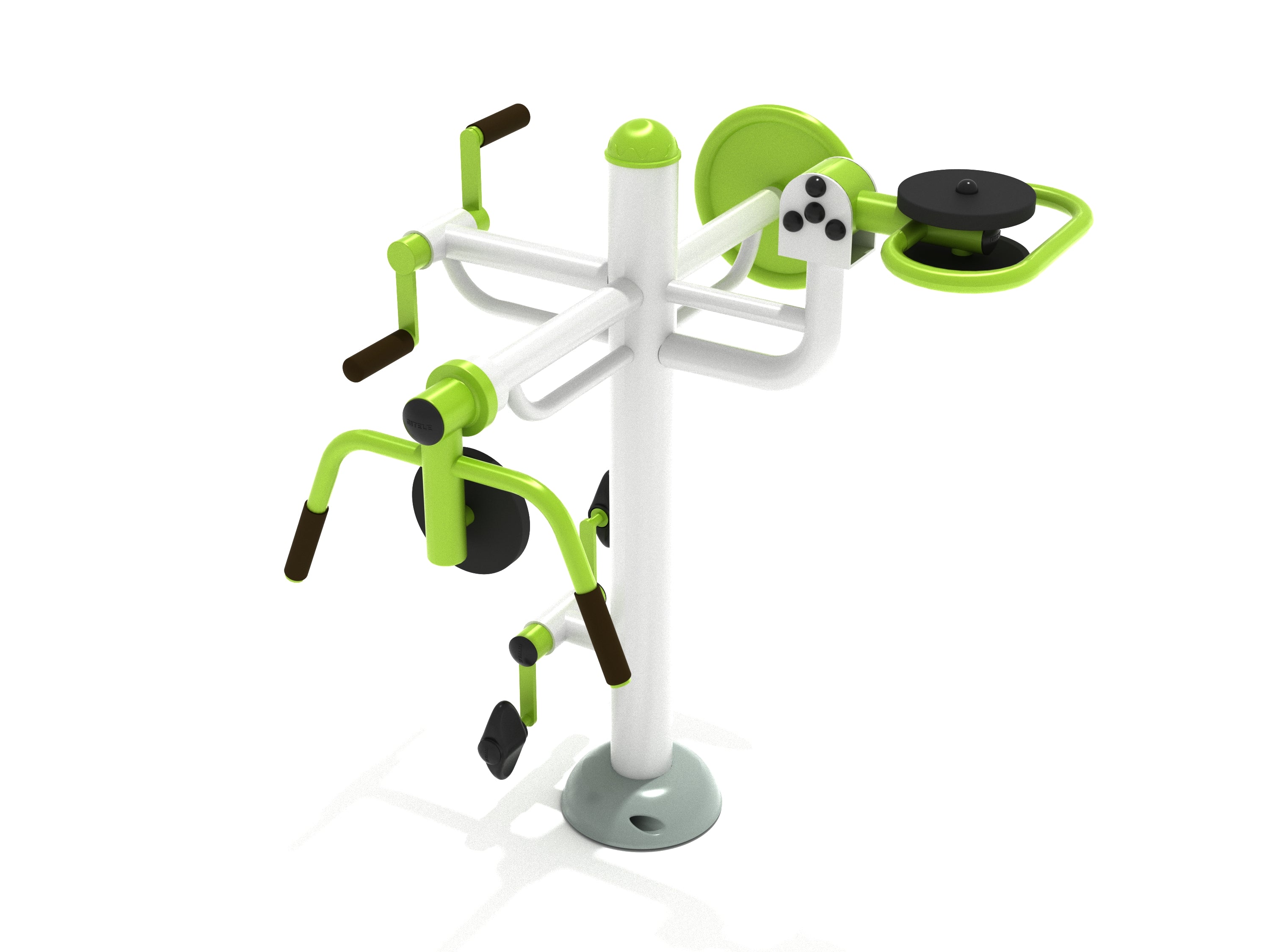 Overhead view of accessible outdoor quadruple gym station with four white and green exercise machines for full-body workout
