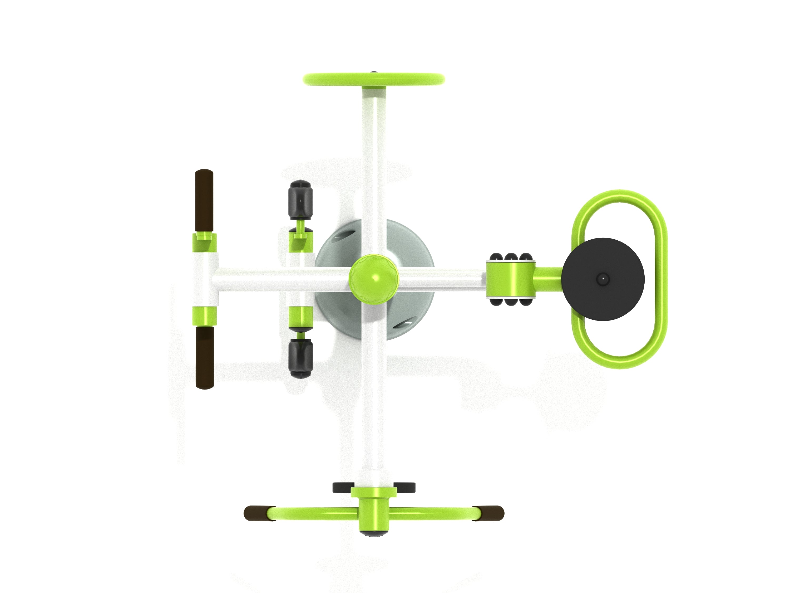 Overhead view of accessible outdoor gym station with four white and green exercise machines for full-body workouts