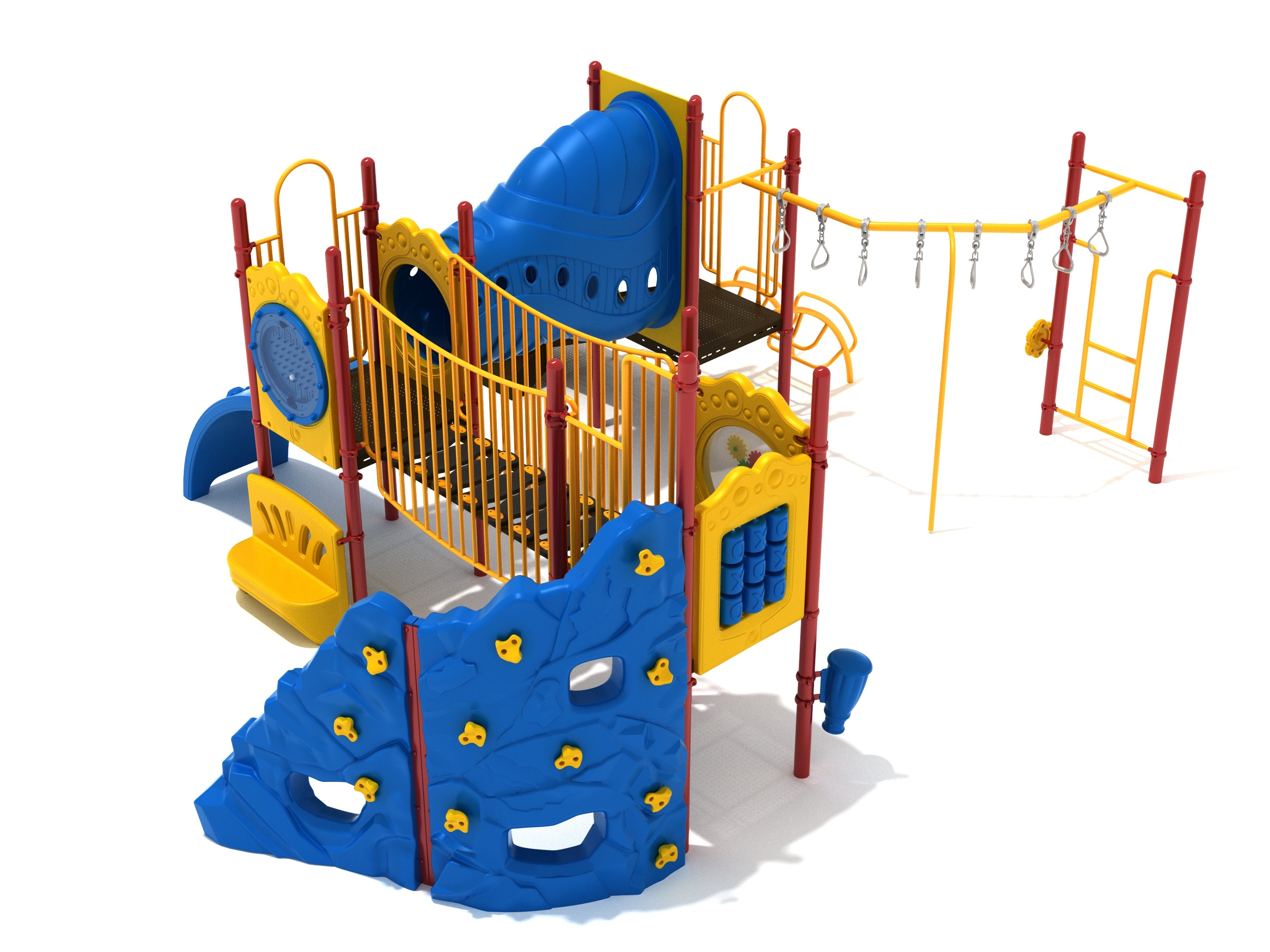 Colorful outdoor playground with climbing wall, funnel tube bridge, spiral slide, hanging rings, and bench panel.