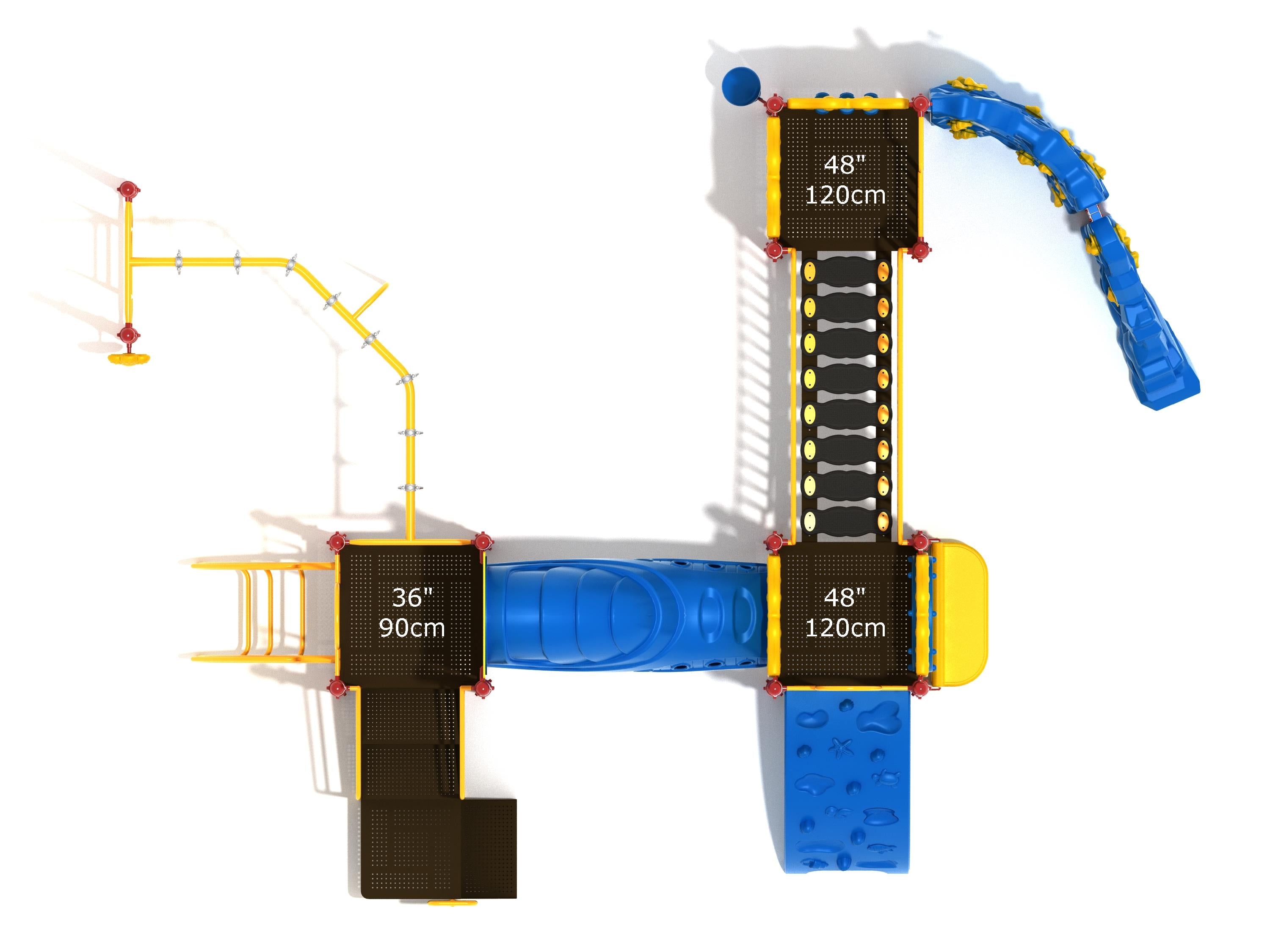 Overhead view of colorful playground with slides, climbing panels, bridges, and interactive play features in blue, yellow, and red