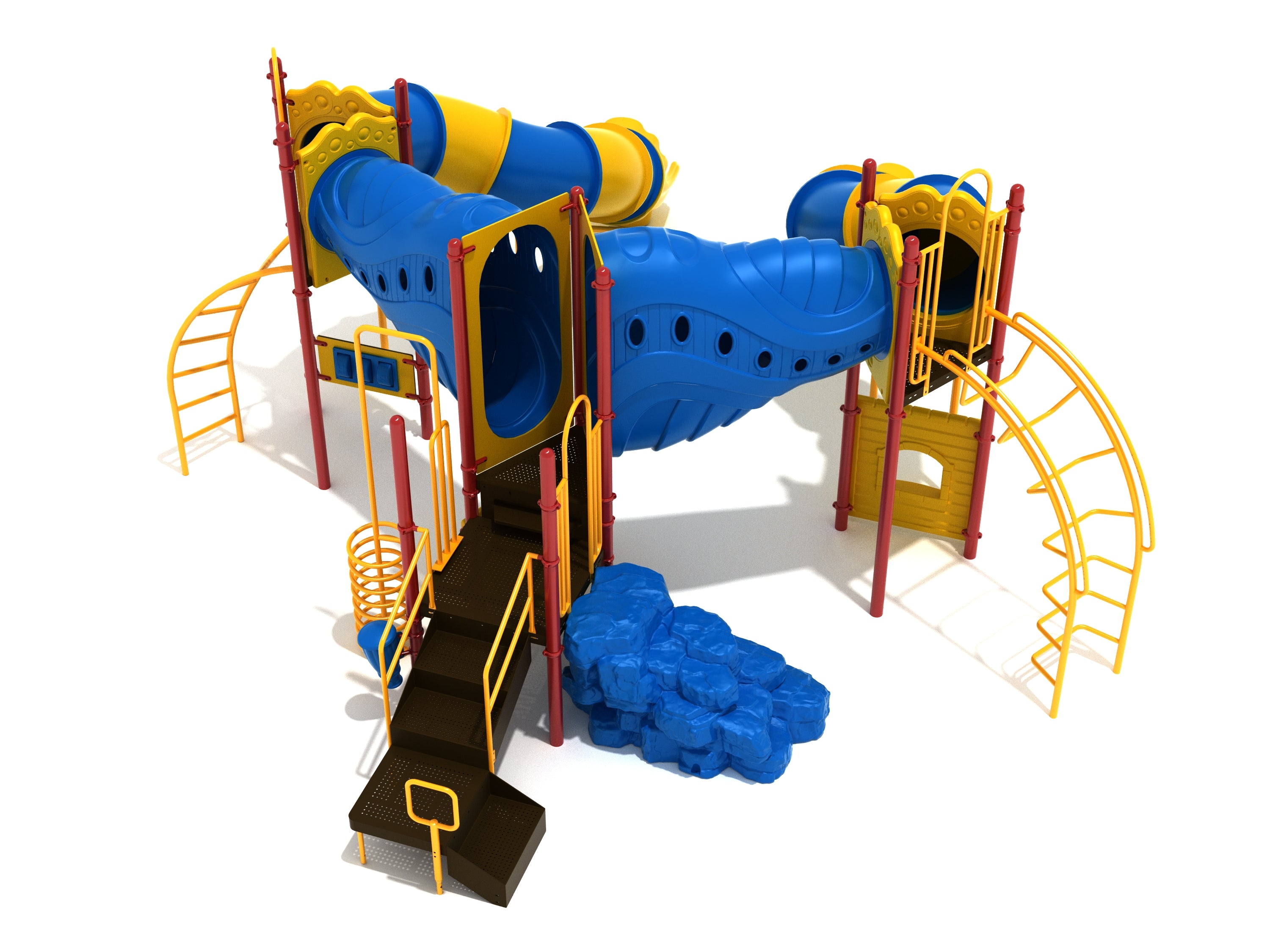Bryson City Playground large play system with blue funnel tube bridges, yellow zig zag tube slides, climbing structures, and accessible transfer station