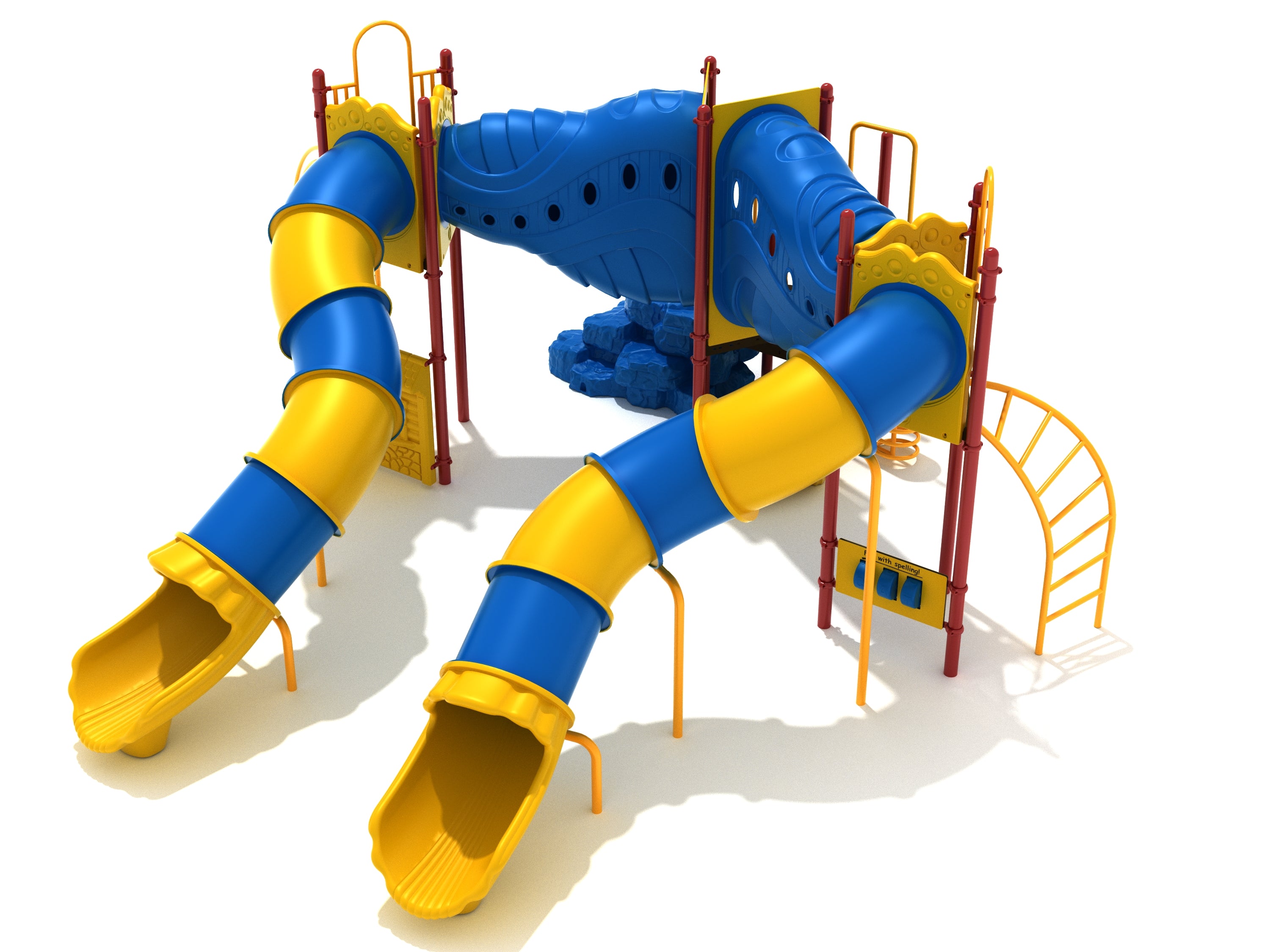 Colorful outdoor playground with spiral tube slides, climbing ladders, interactive panels, and accessible play features