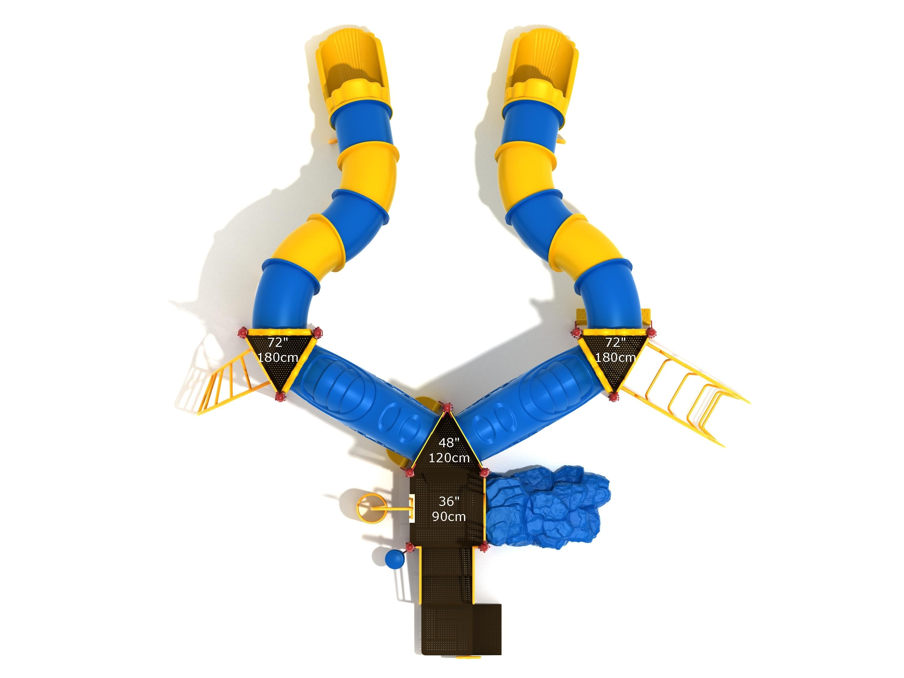 Overhead view of colorful playground with two yellow and blue tube slides, multiple climbing structures, and connecting tunnels