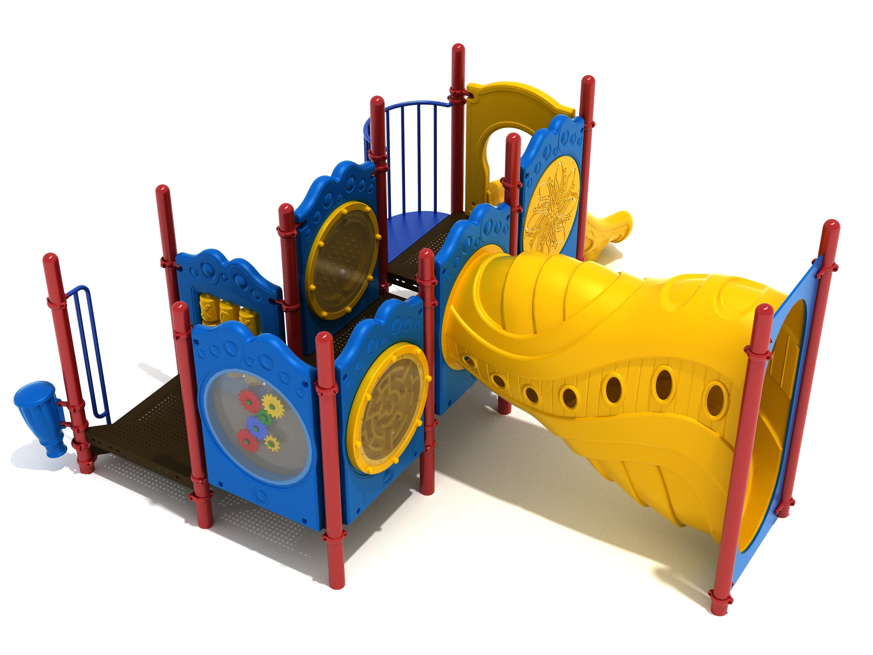 Compact children's playground with yellow funnel tube slide, blue activity panels, red support posts, and interactive play features.