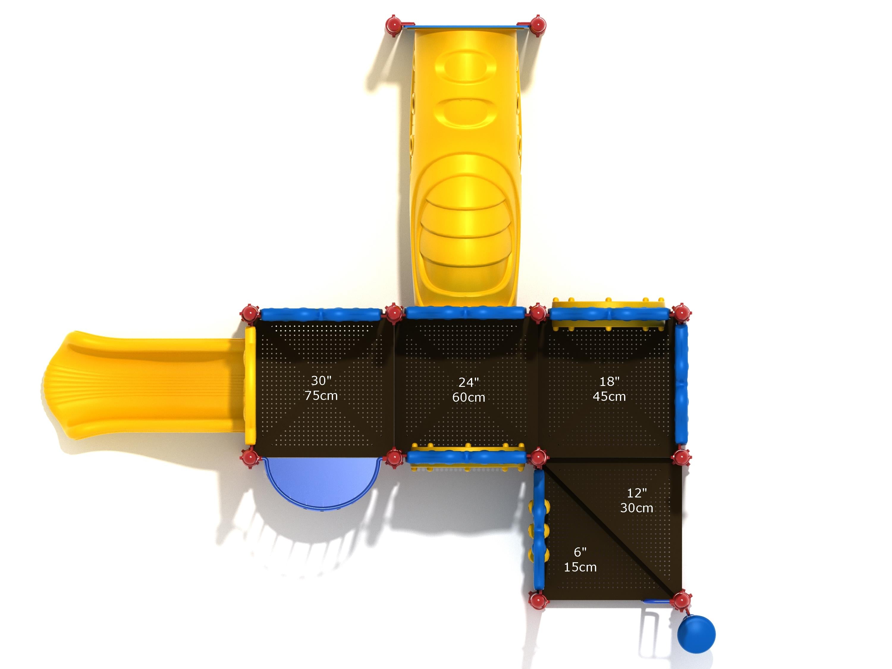 Overhead view of colorful children's playground with yellow slides, blue railings, multiple platforms, and a funnel tube bridge