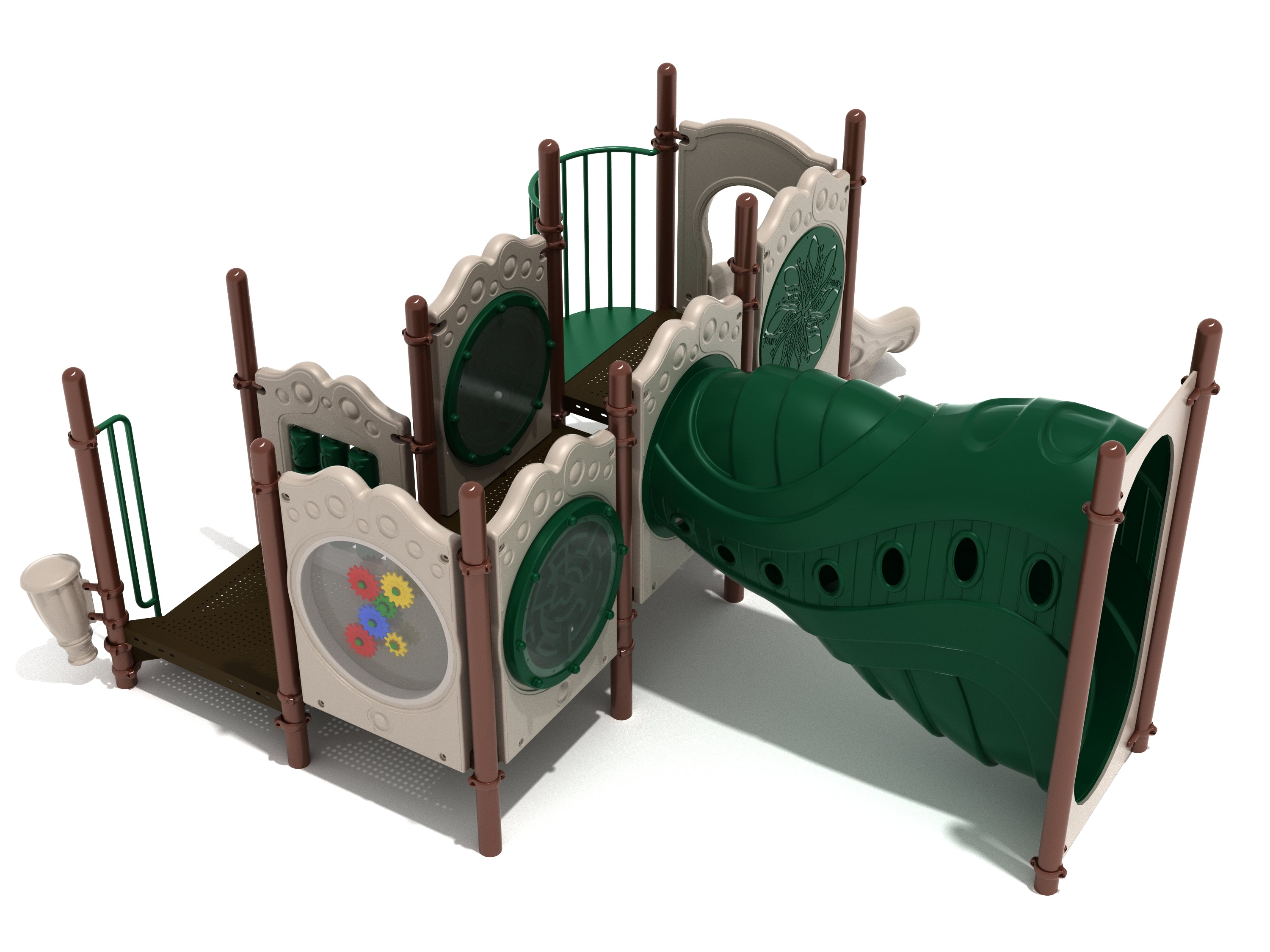 Compact playground structure with green funnel tube slide, interactive play panels, and brown support posts from an angled view