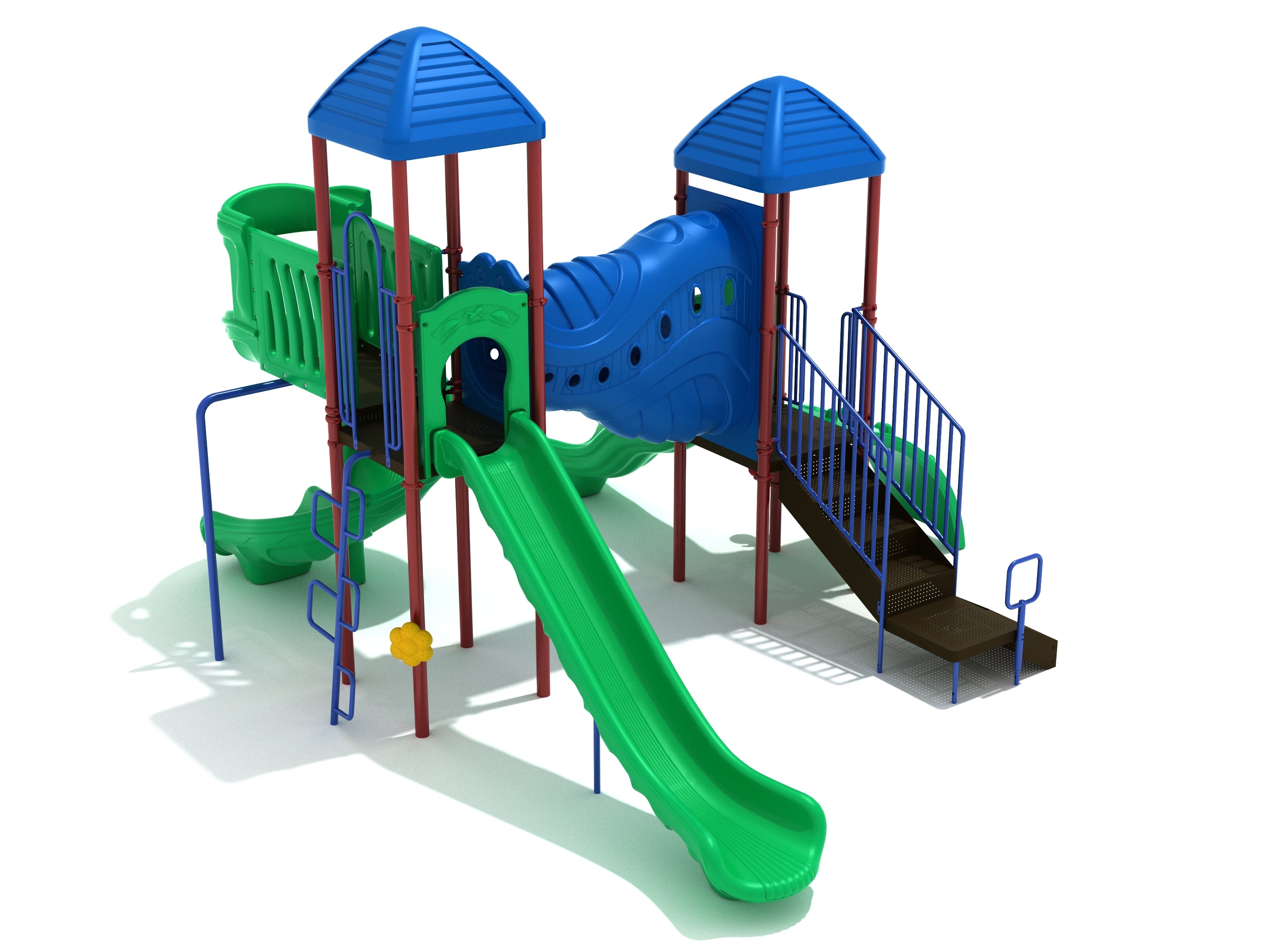 Redondo Beach Playground with blue roofs, Funnel Tube Bridge, green slides including spiral and wave, climbing ladders, and musical Rain Wheel and Bongos features