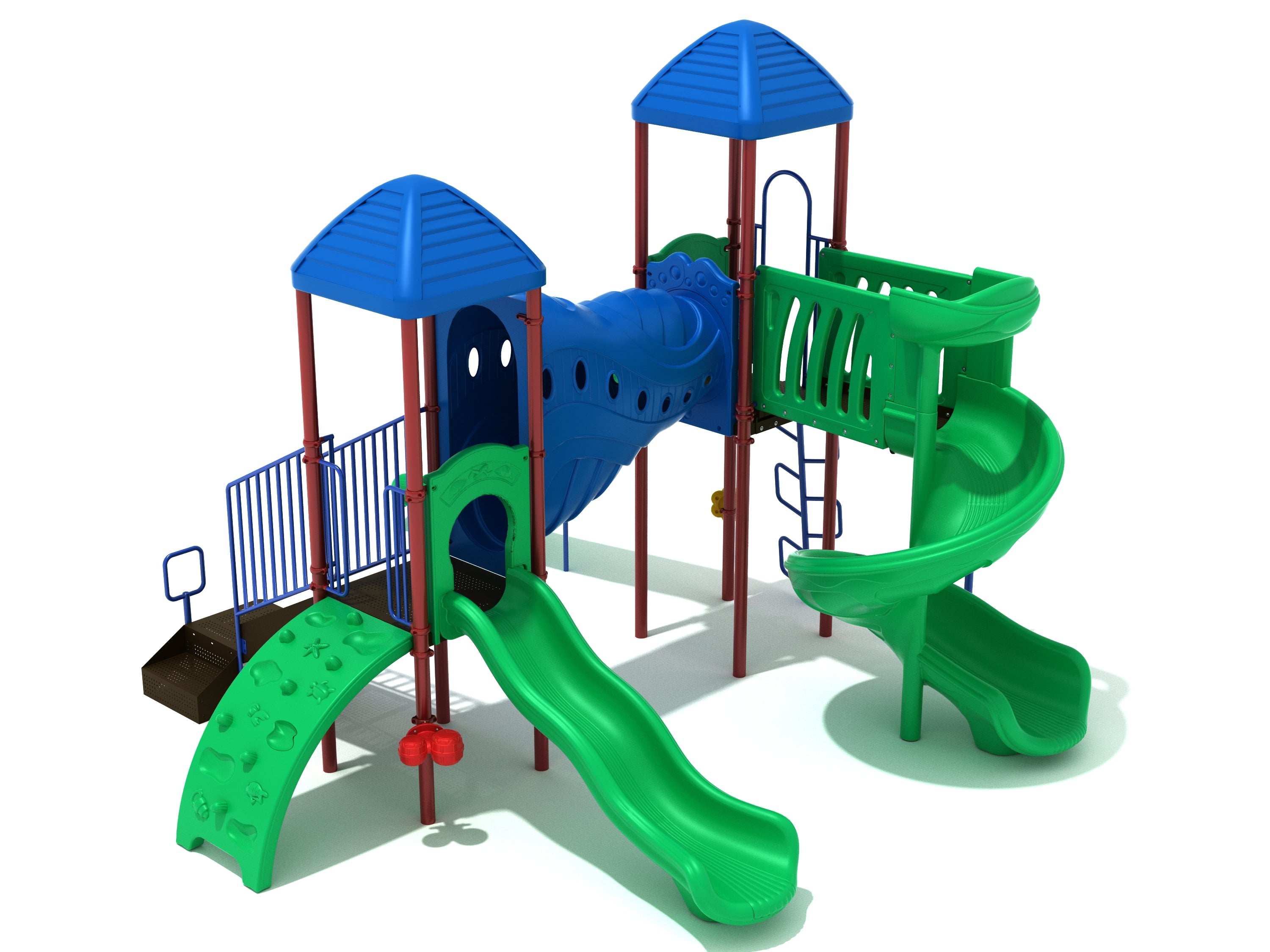 Colorful playground with two blue roofs, spiral and green slides, climbing walls, and a blue tunnel bridge