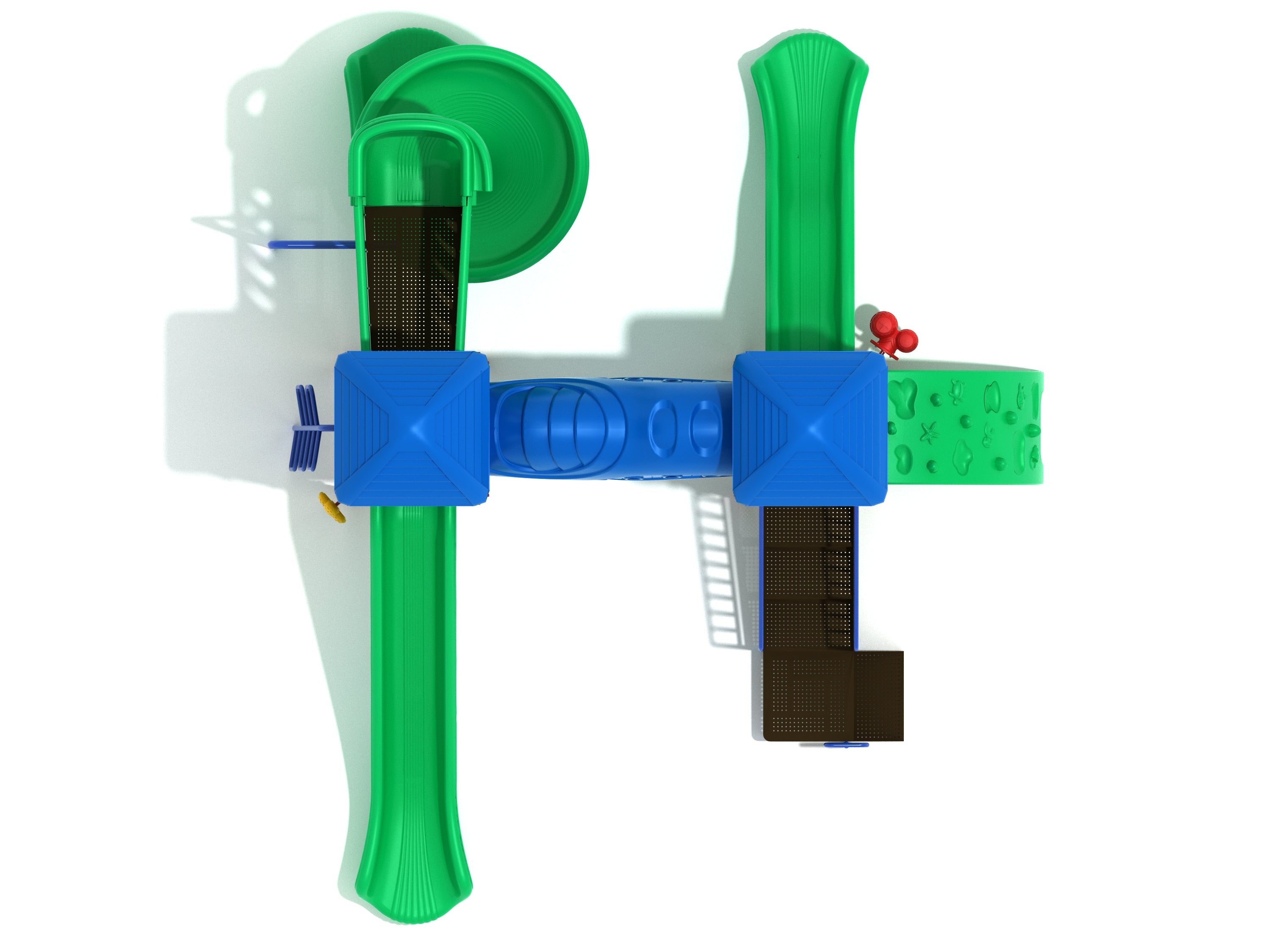 Overhead view of colorful playground with two blue towers, green slides, tunnel bridge, climbing wall, and interactive play panels.