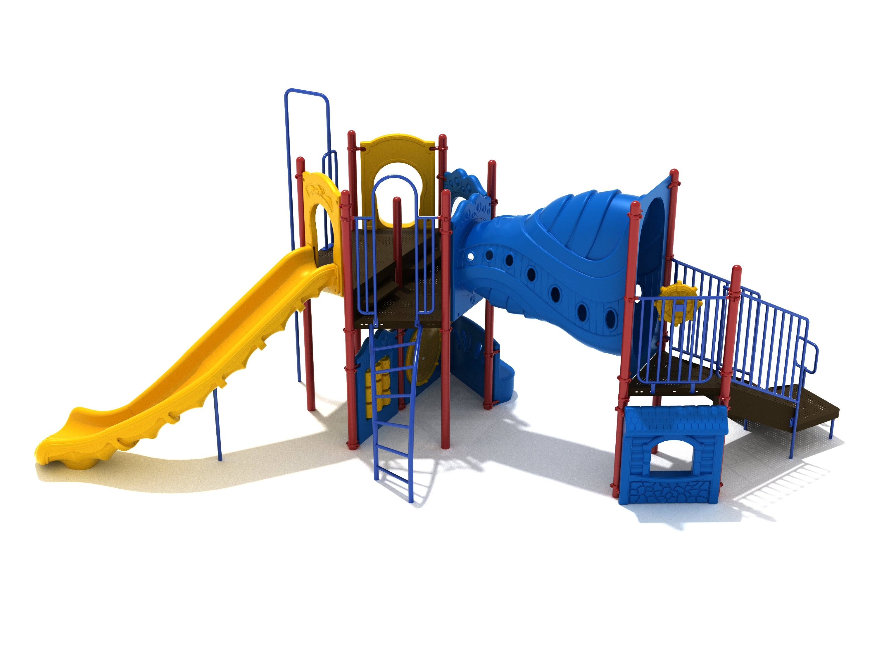 Shorewood Forest Playground with yellow slide, blue funnel tube slide, climbing ladder, and interactive play panels