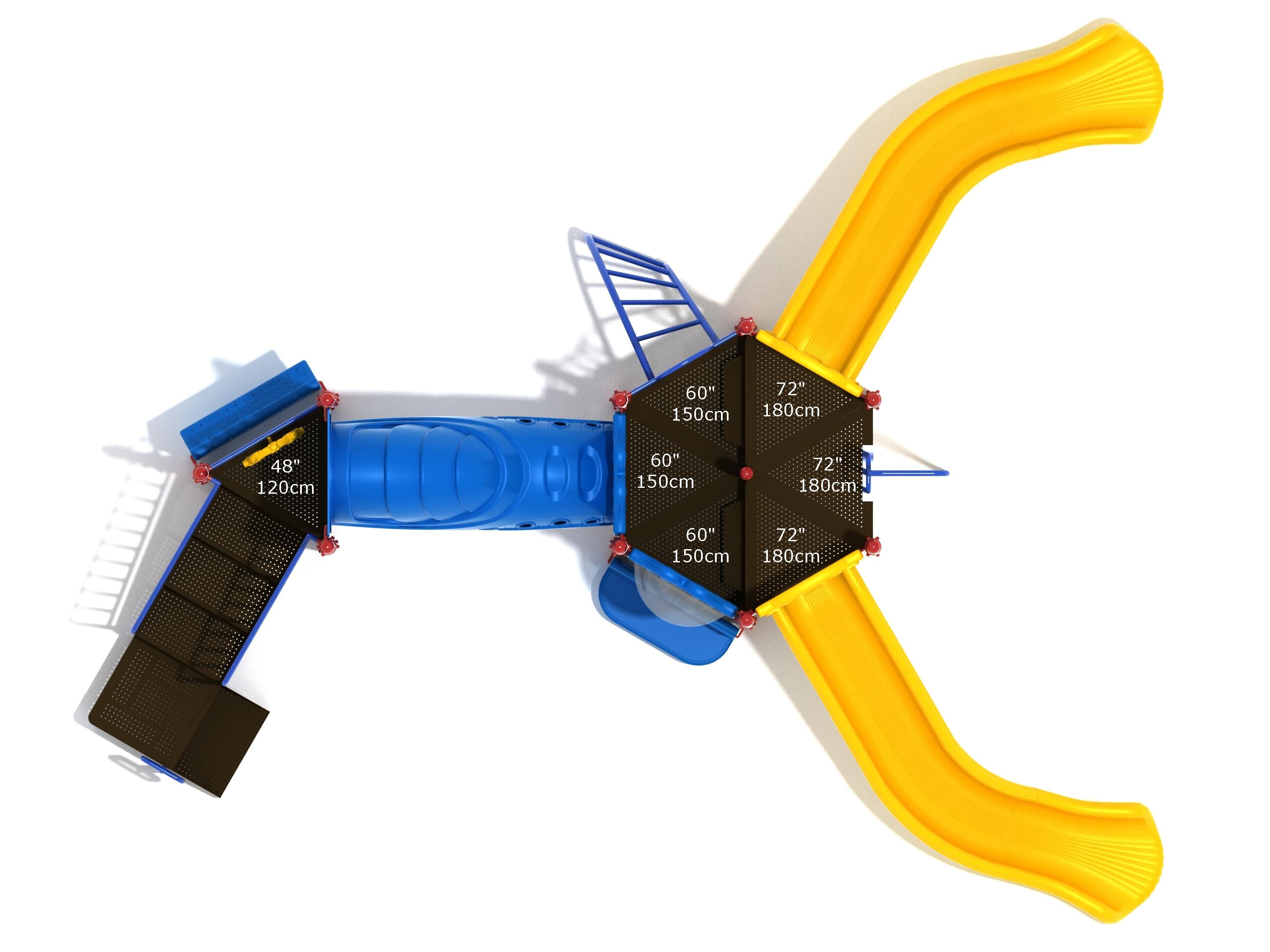 Overhead view of colorful playground with yellow slides, blue climbing tunnel, black platforms, and multiple play features