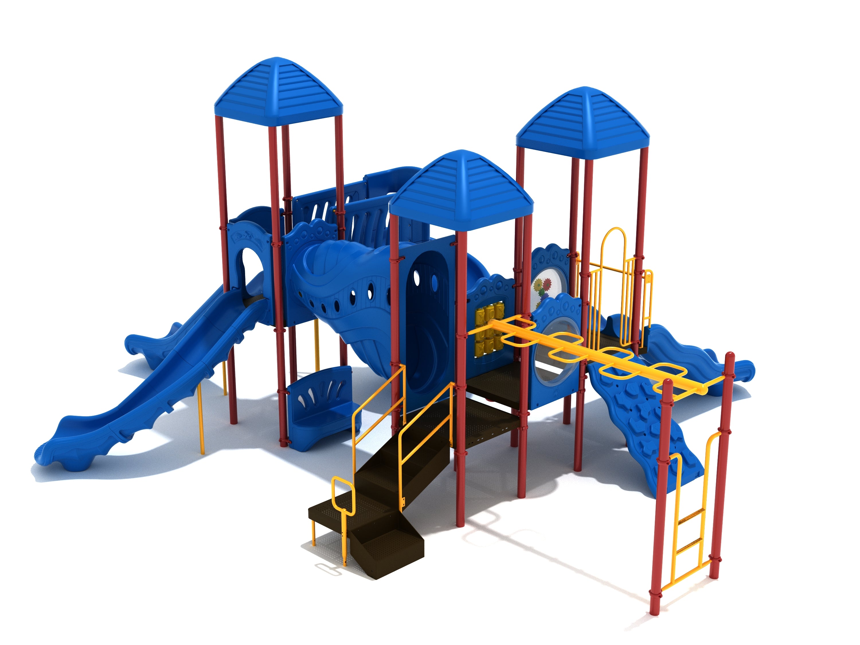 Electric City Playground large play system with blue slides, yellow railings, climbing structures, and interactive musical elements