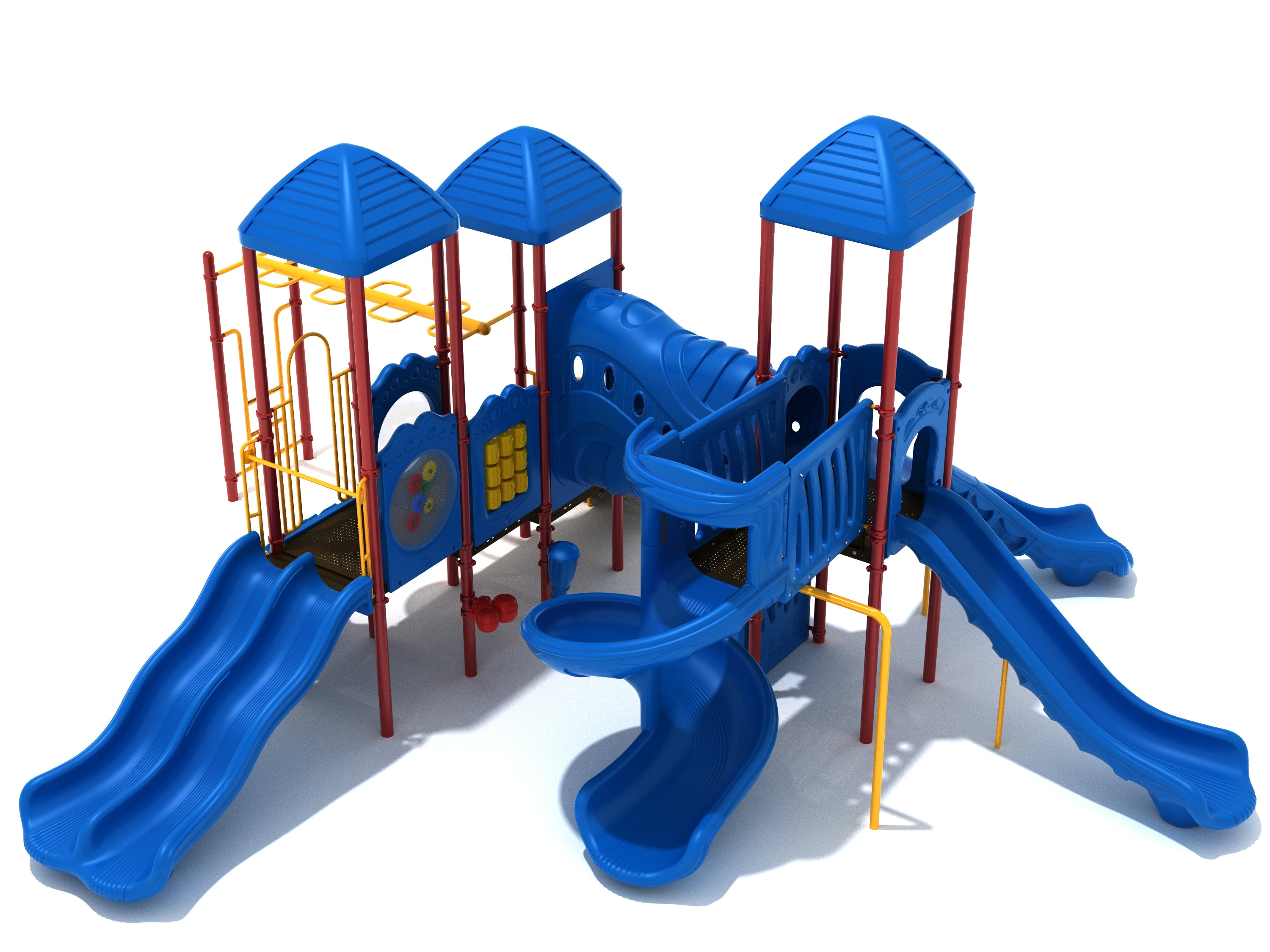 Colorful playground structure with blue slides, red poles, yellow climbing bars, interactive musical panels, and a funnel tube bridge.
