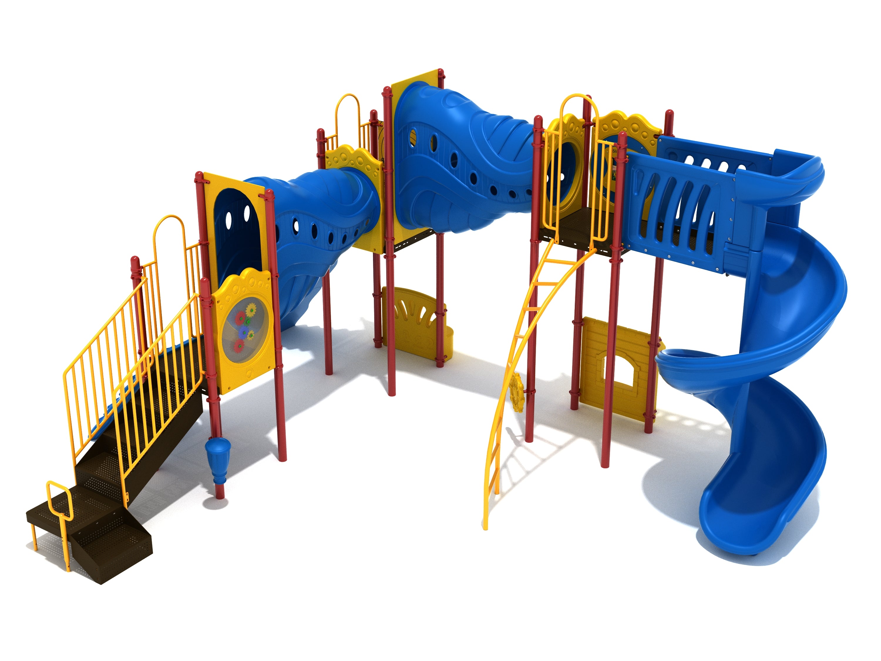 Kennesaw Mountain Playground with blue spiral slide, yellow panels, red posts, tube bridges, and climbing features