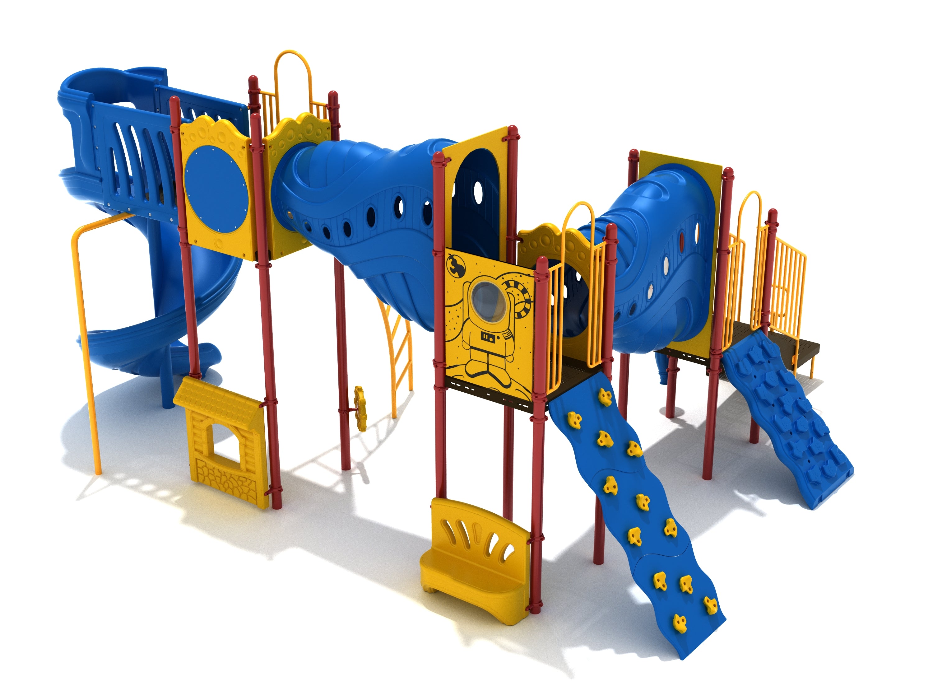 Colorful playground structure with blue spiral slide, climbing walls, tunnels, activity panels, and red-yellow supports