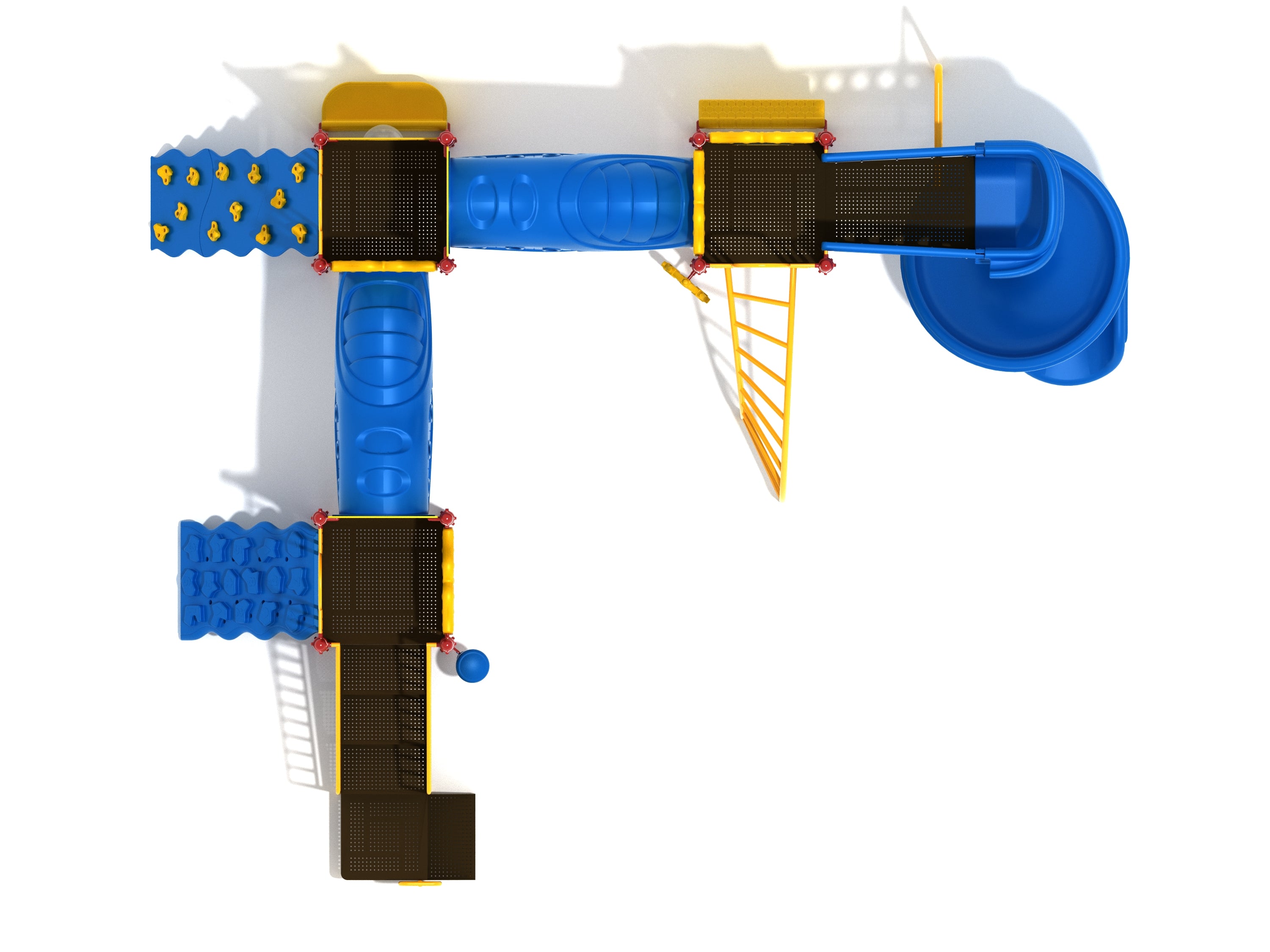Overhead view of a large blue and yellow playground structure with climbing walls, funnel tube bridges, activity panels, and a spiral slide