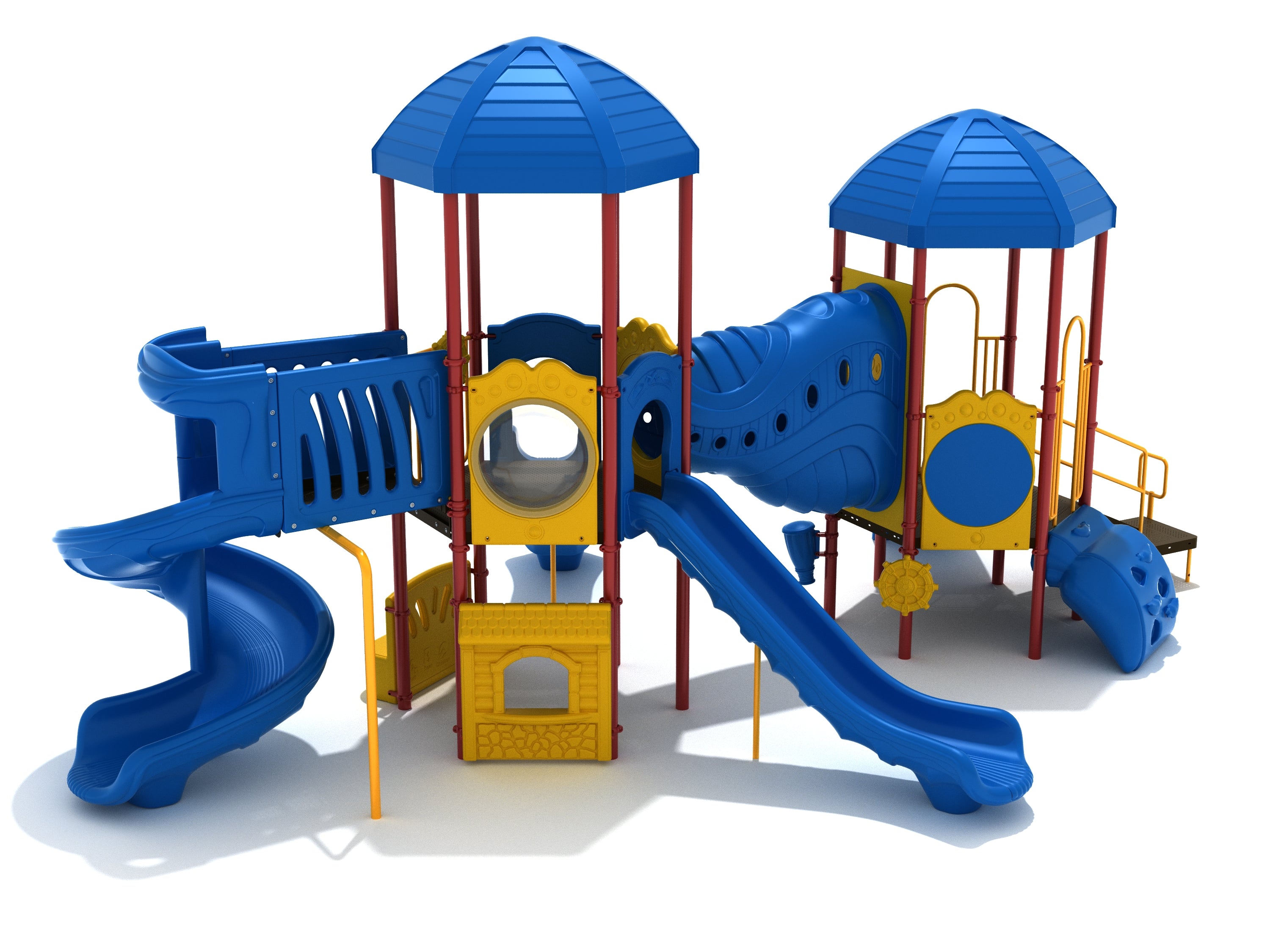 Popcorn Creek Playground large play system with blue straight and spiral slides, climbing panels, yellow activity panels, and blue roofs