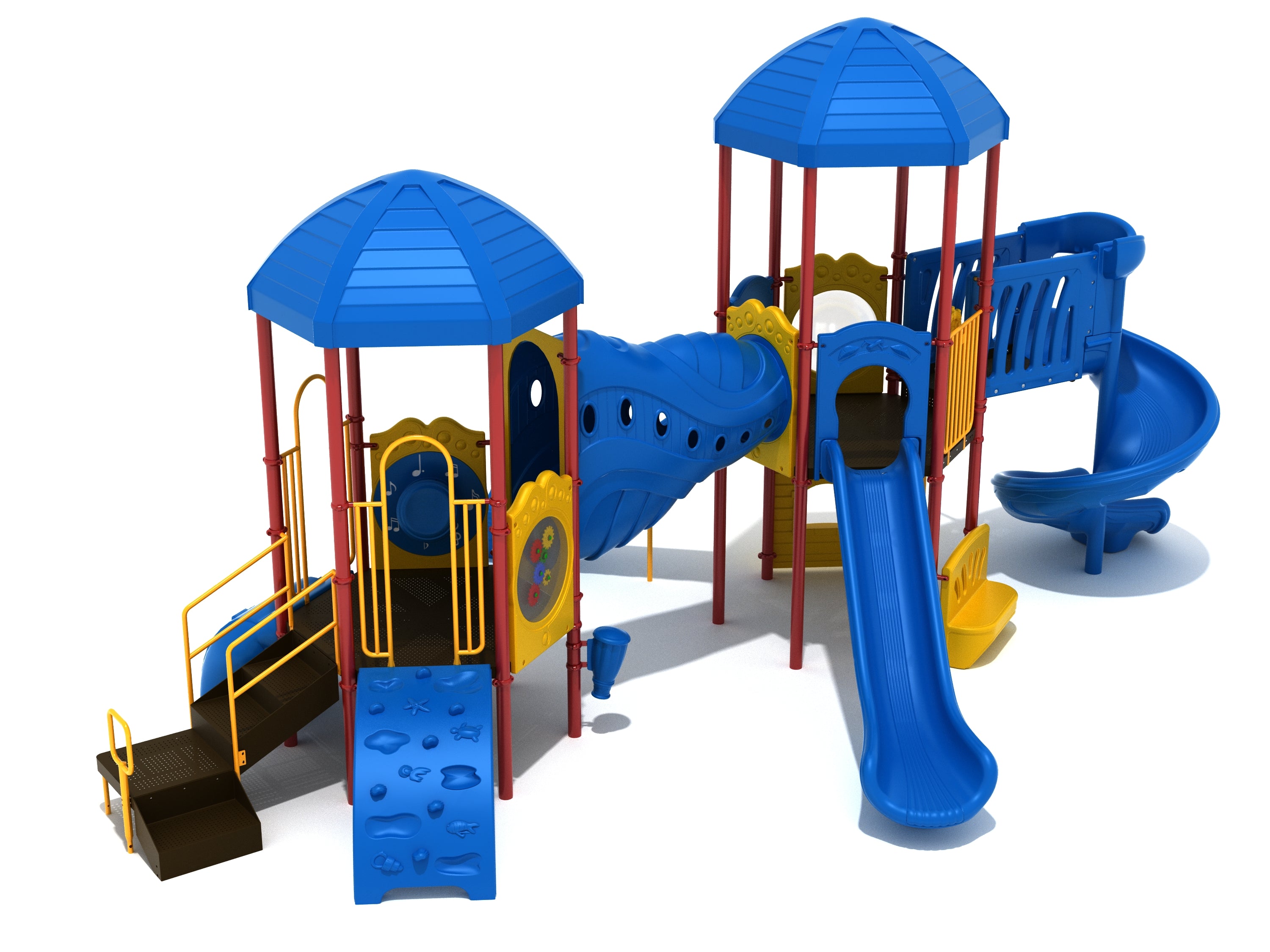 Colorful playground structure with blue slides, climbing panels, musical drum, and connecting tube bridge