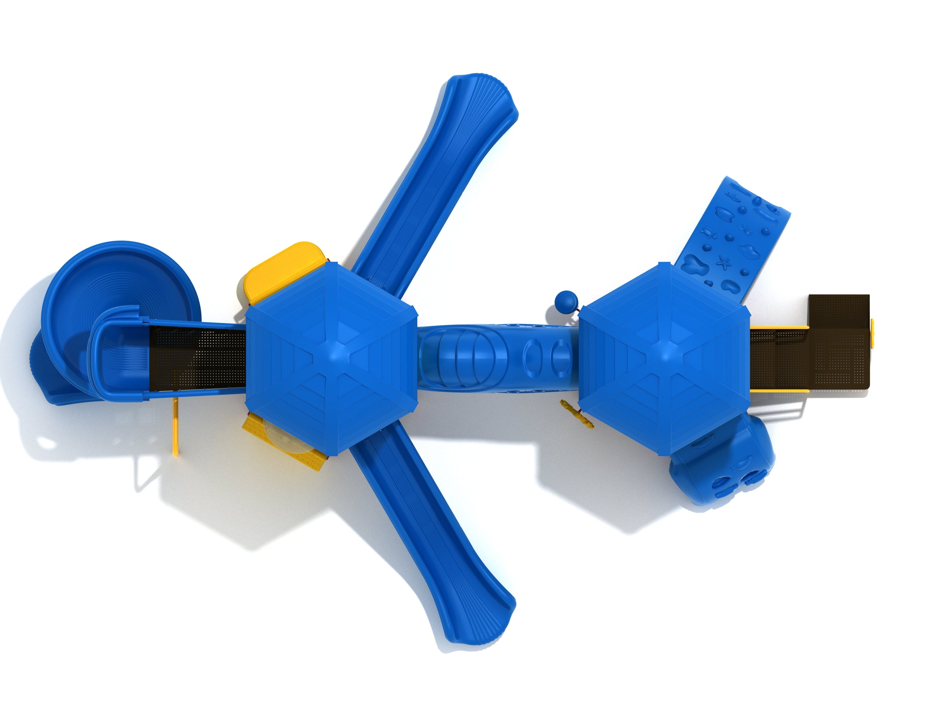 Overhead view of blue and yellow playground structure with slides, climbing panels, bridges, and interactive play elements