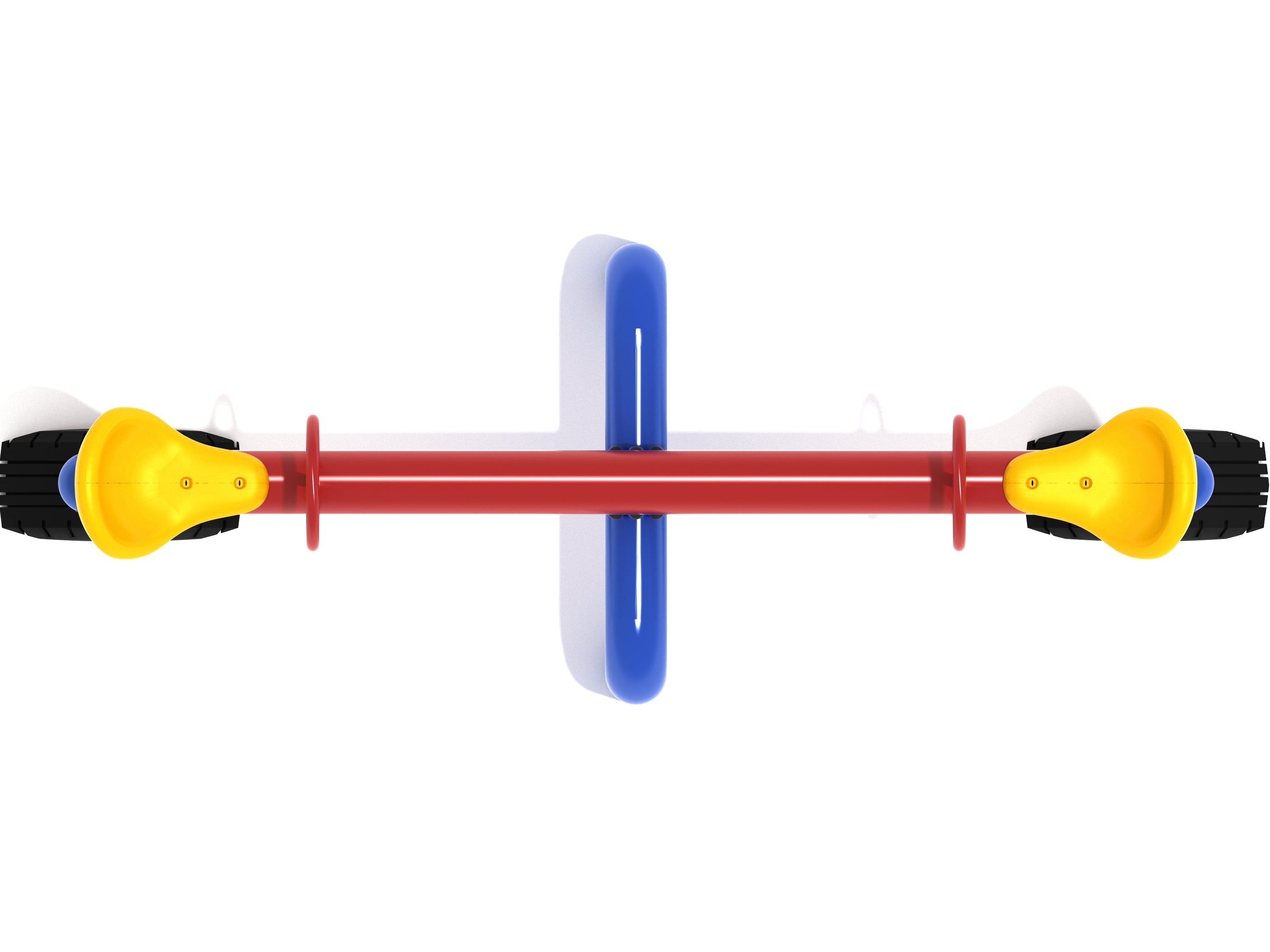 Overhead view of a colorful playground seesaw with yellow seats, red beam, blue support, and black tires beneath seats