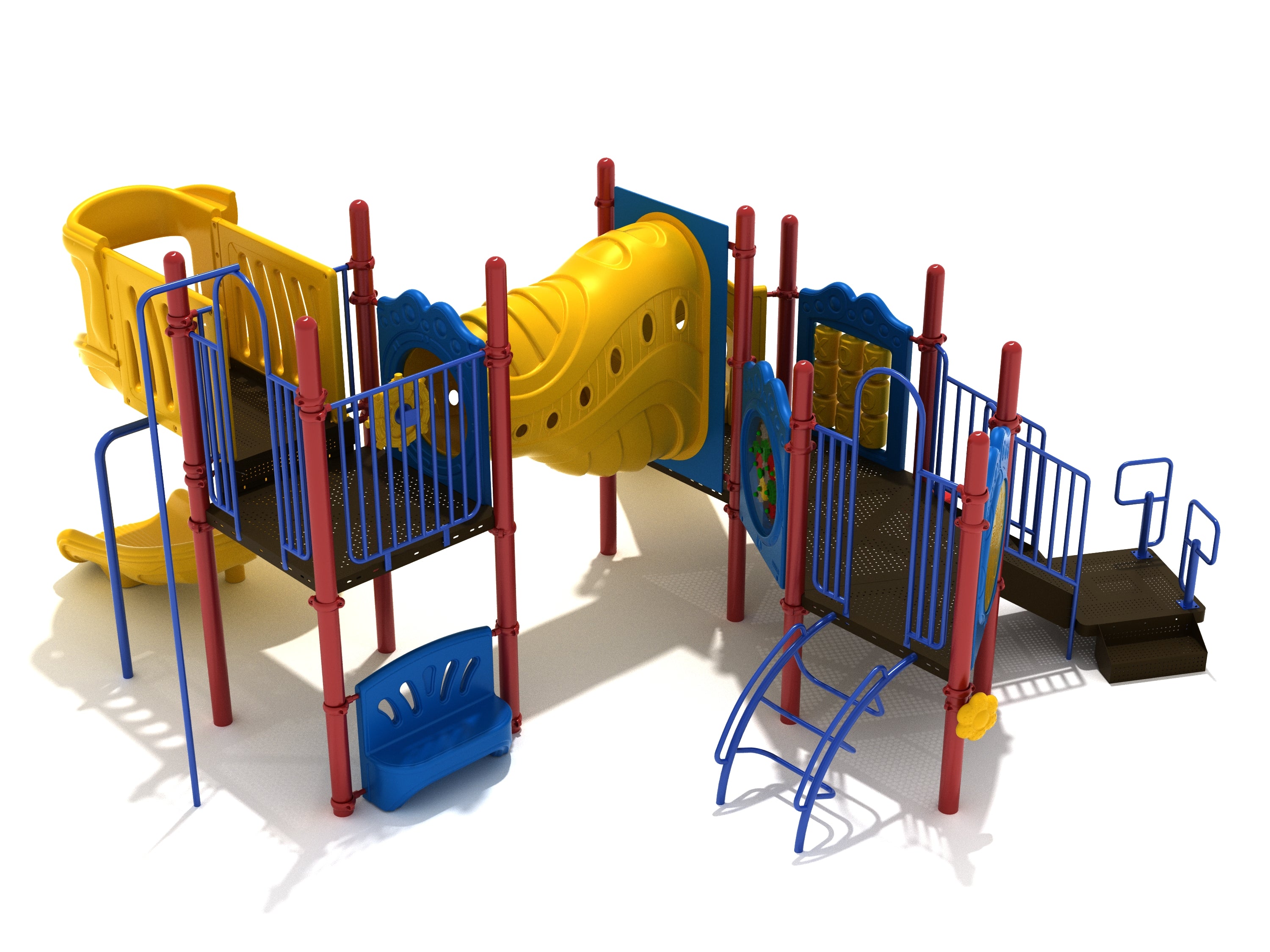 Colorful playground structure with yellow funnel tube bridge, blue climbing elements, slides, and interactive play panels