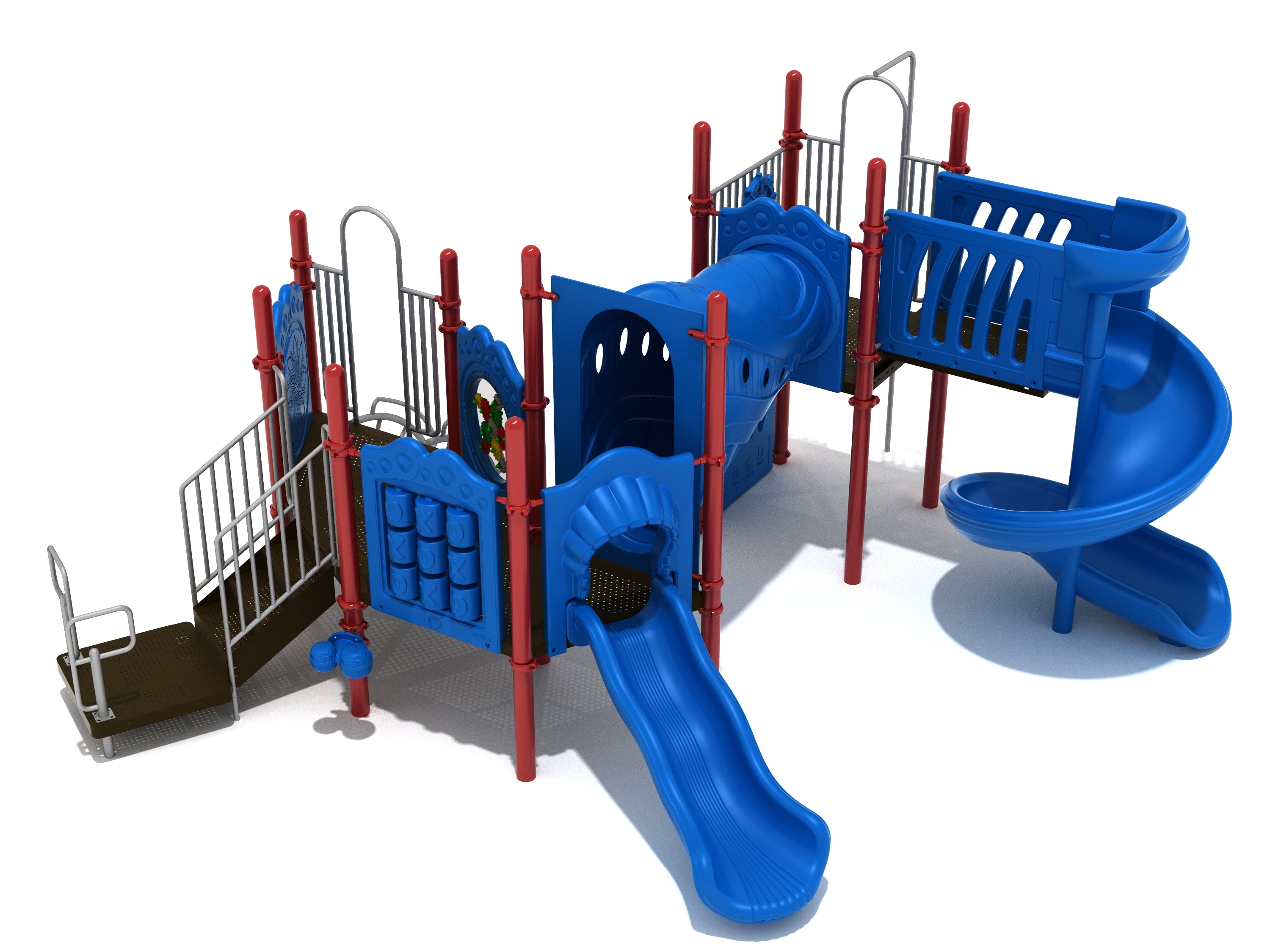 Blue and red playground structure with slides, tunnel bridge, climbing ramp, activity panels, and interactive play features