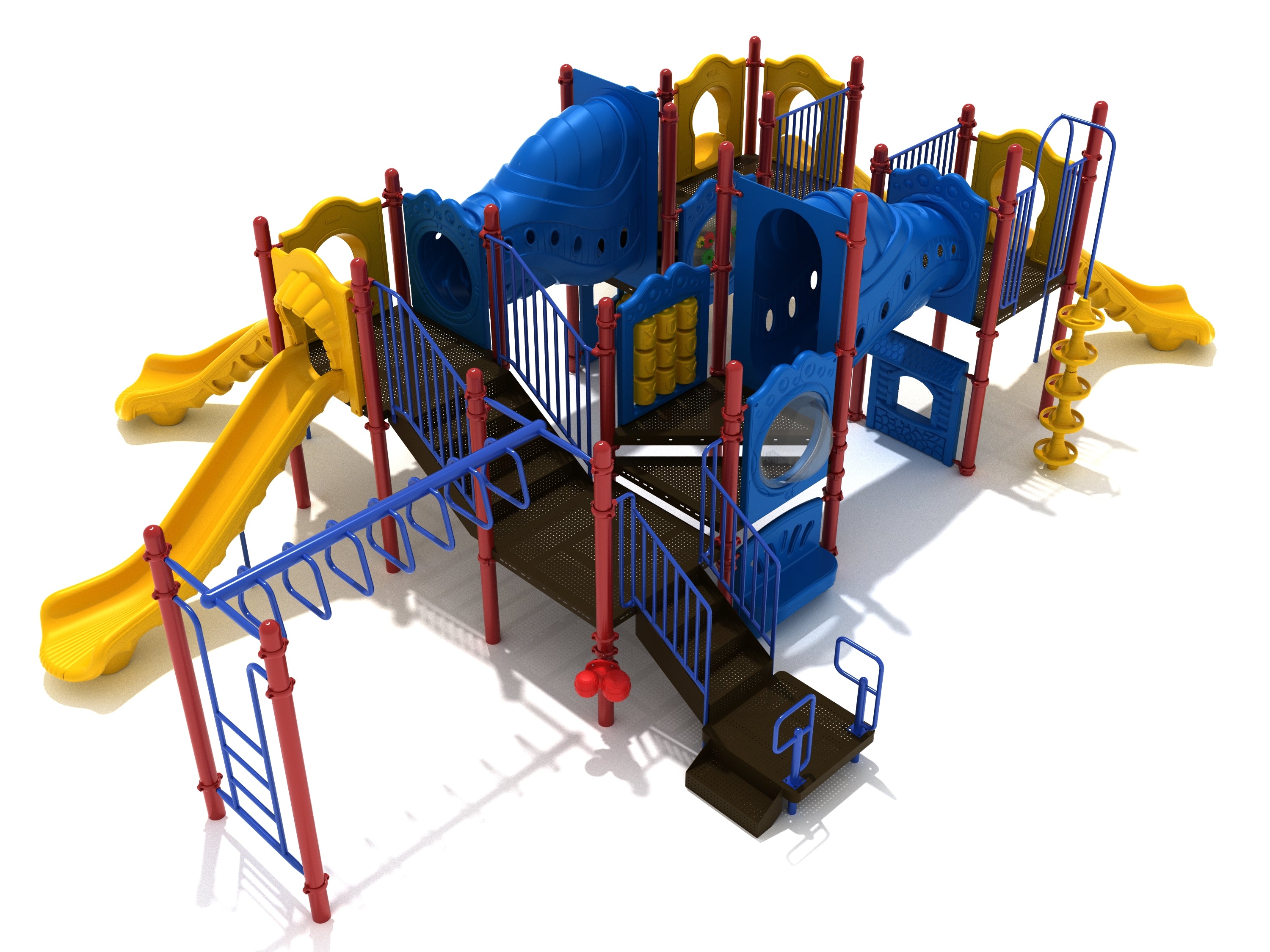 Colorful playground structure with multiple slides, climbing elements, tunnels, and interactive activity panels in blue, yellow, and red.