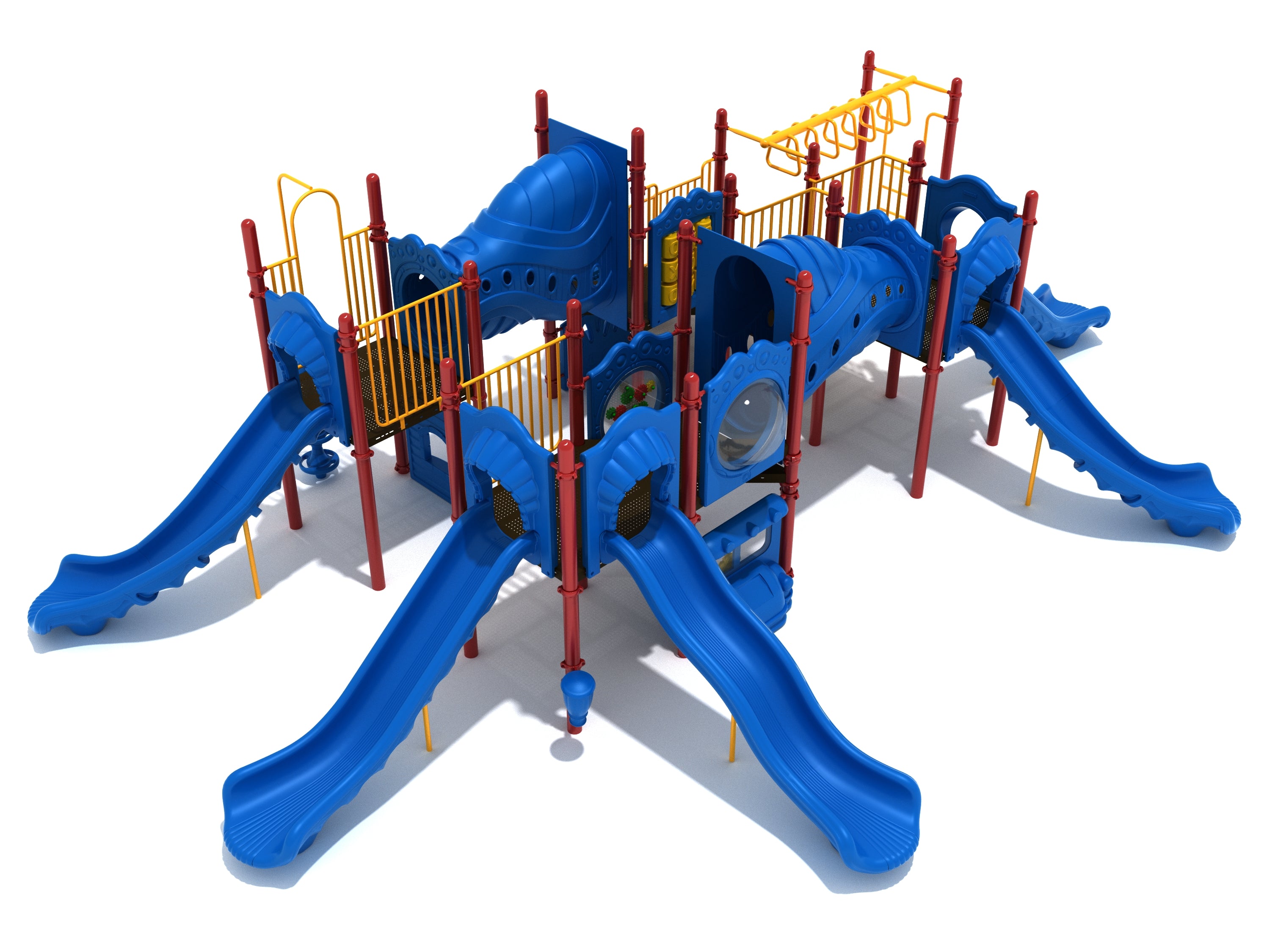 Elevated playground structure with multiple blue slides, climbing elements, yellow monkey bars, and interactive play panels